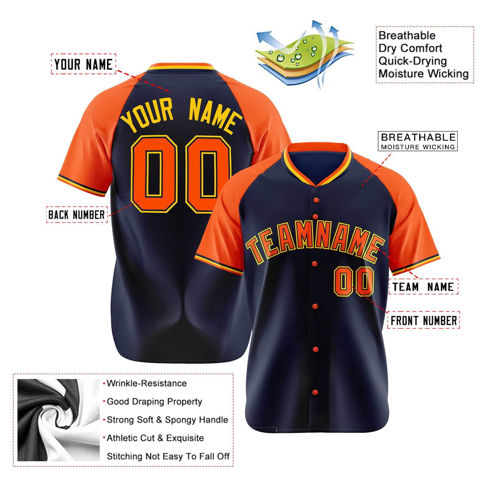 Custom Navy Orange Yellow Authentic Colored Buttons Baseball Jersey