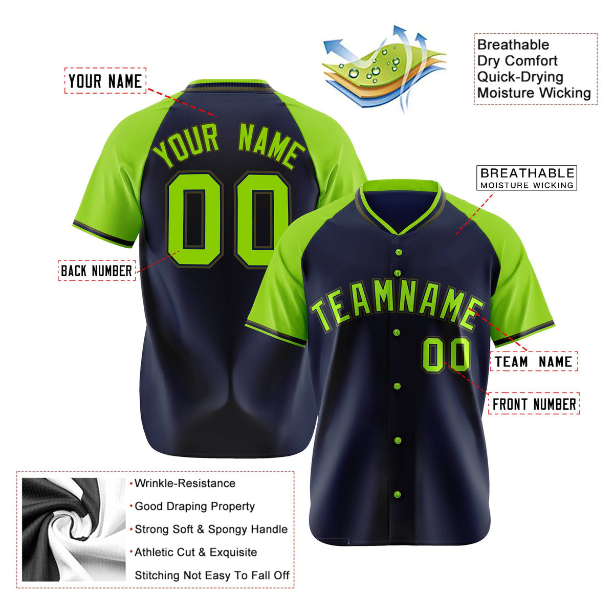 Custom Navy Neon Green Olive Authentic Colored Buttons Baseball Jersey