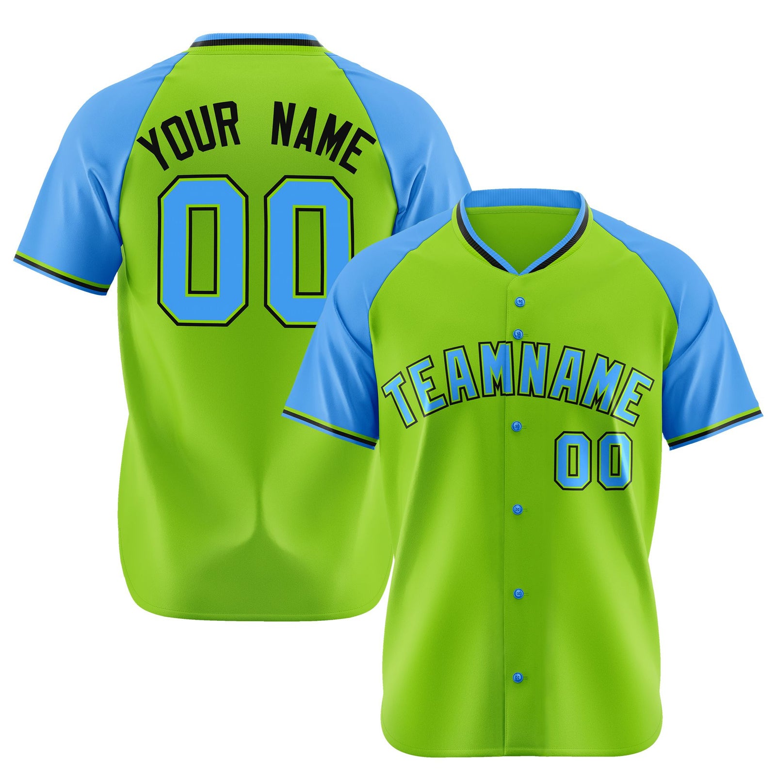 Custom Neon Green Blue Black Authentic Colored Buttons Baseball Jersey