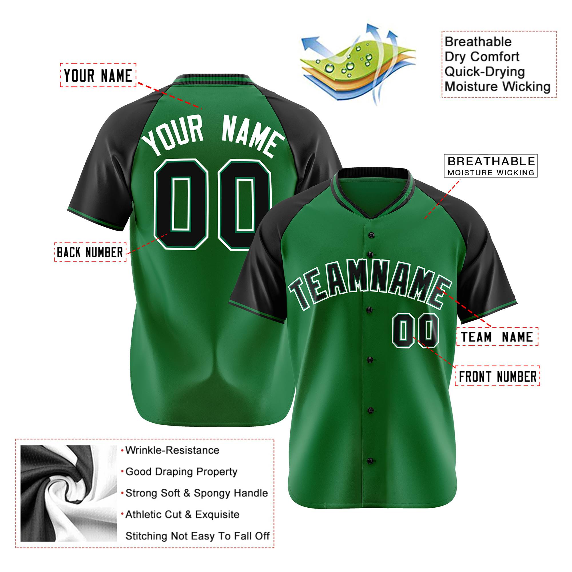 Custom Kelly Green Black White Authentic Colored Buttons Baseball Jersey