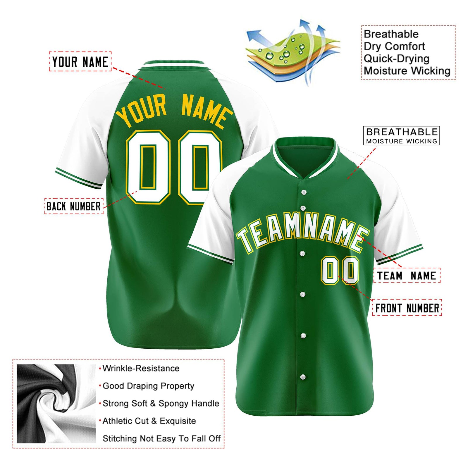 Custom Kelly Green White Yellow Authentic Colored Buttons Baseball Jersey