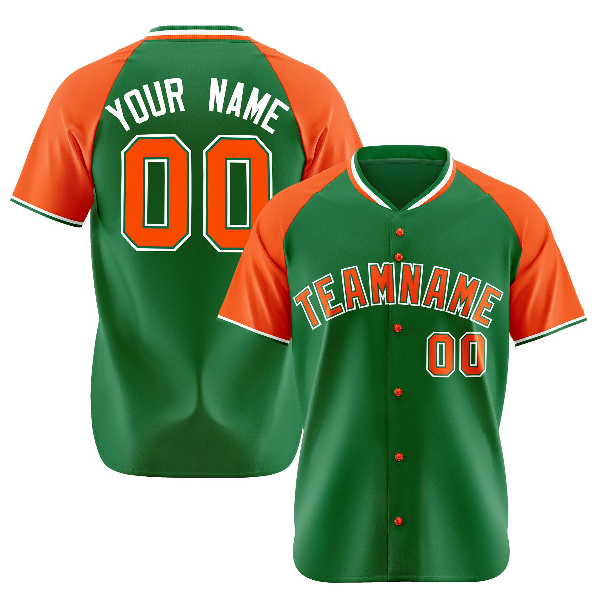 Custom Kelly Green Orange White Authentic Colored Buttons Baseball Jersey