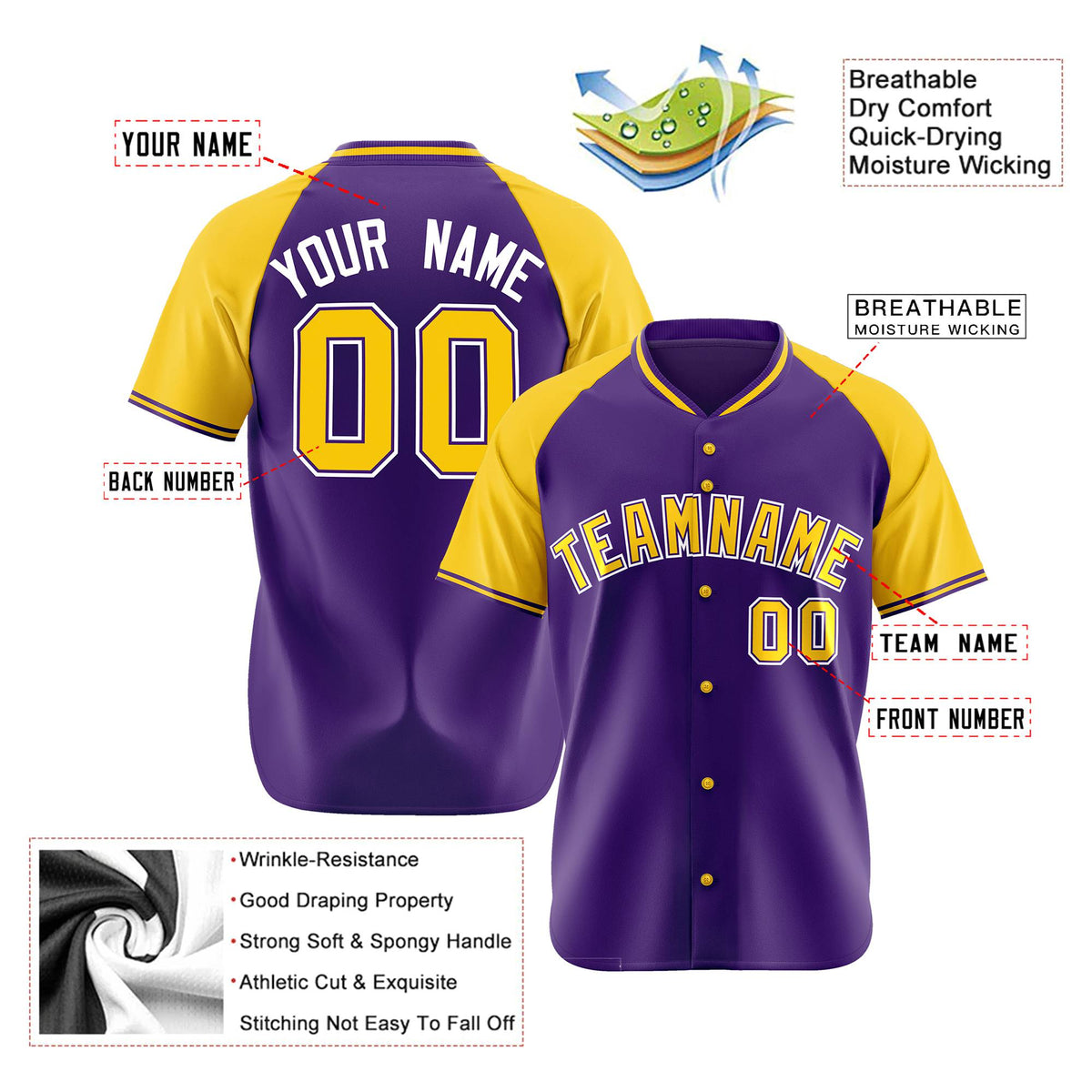 Custom Purple Yellow White Authentic Colored Buttons Baseball Jersey