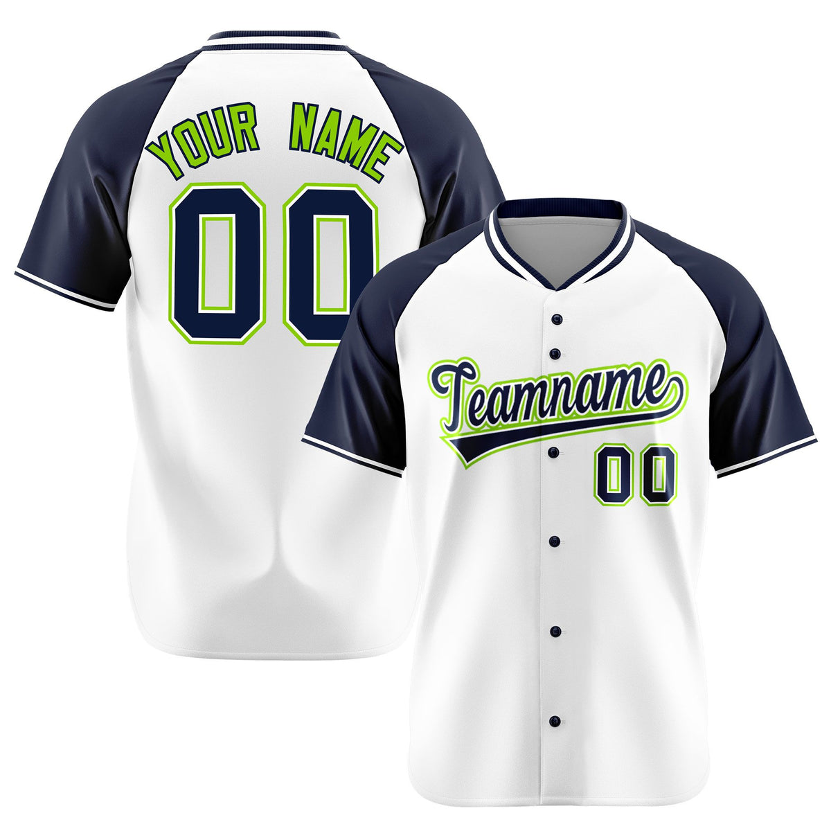 Custom White Navy Neon Green Authentic Colored Buttons Baseball Jersey