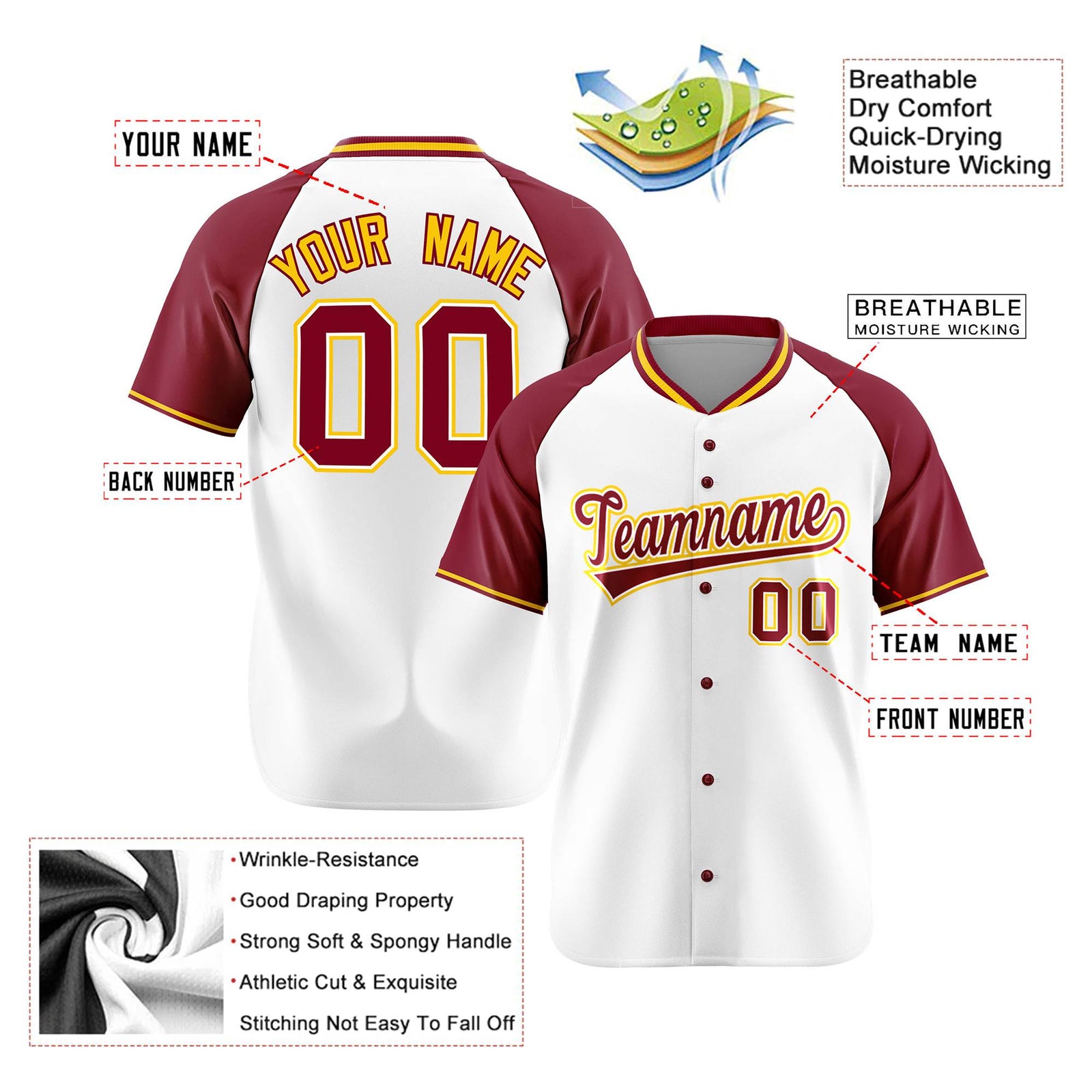 Custom White Burgundy Gold Authentic Colored Buttons Baseball Jersey