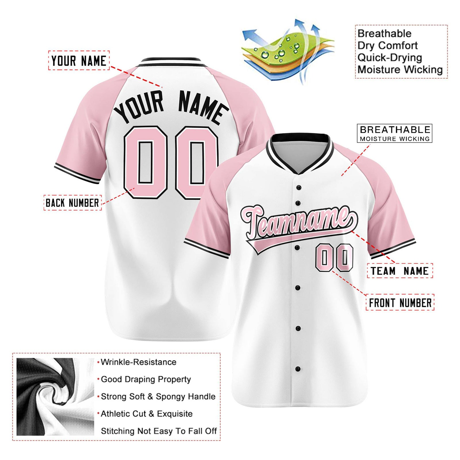 Custom White Pink Black Authentic Colored Buttons Baseball Jersey