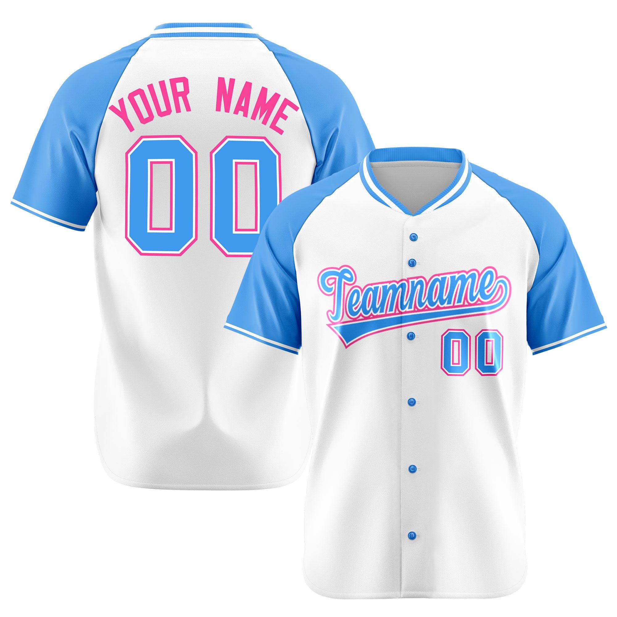 Custom White Blue Pink Authentic Colored Buttons Baseball Jersey