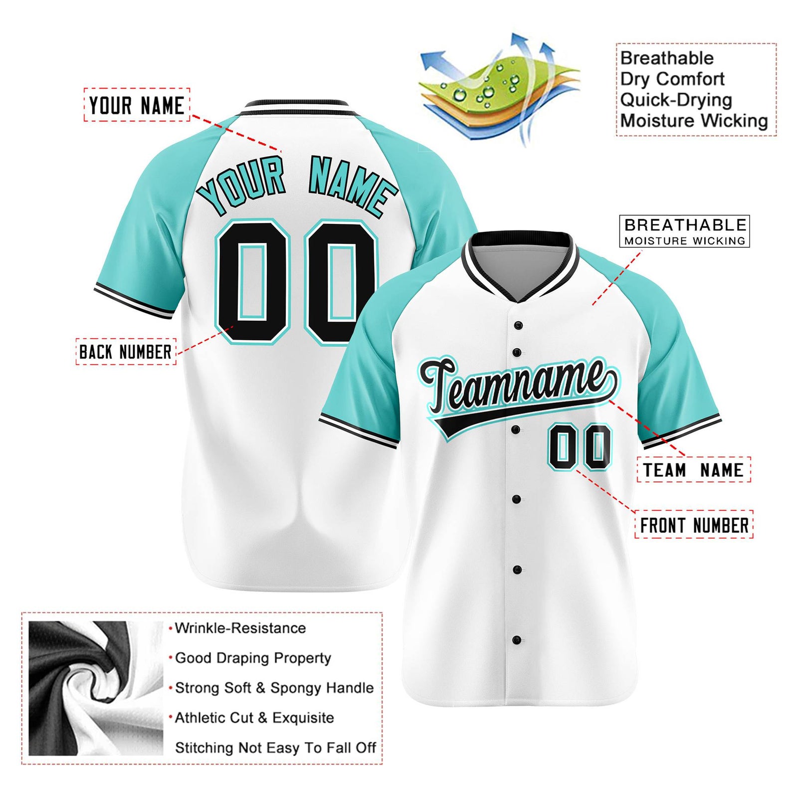 Custom White Black Light Blue Authentic Colored Buttons Baseball Jersey