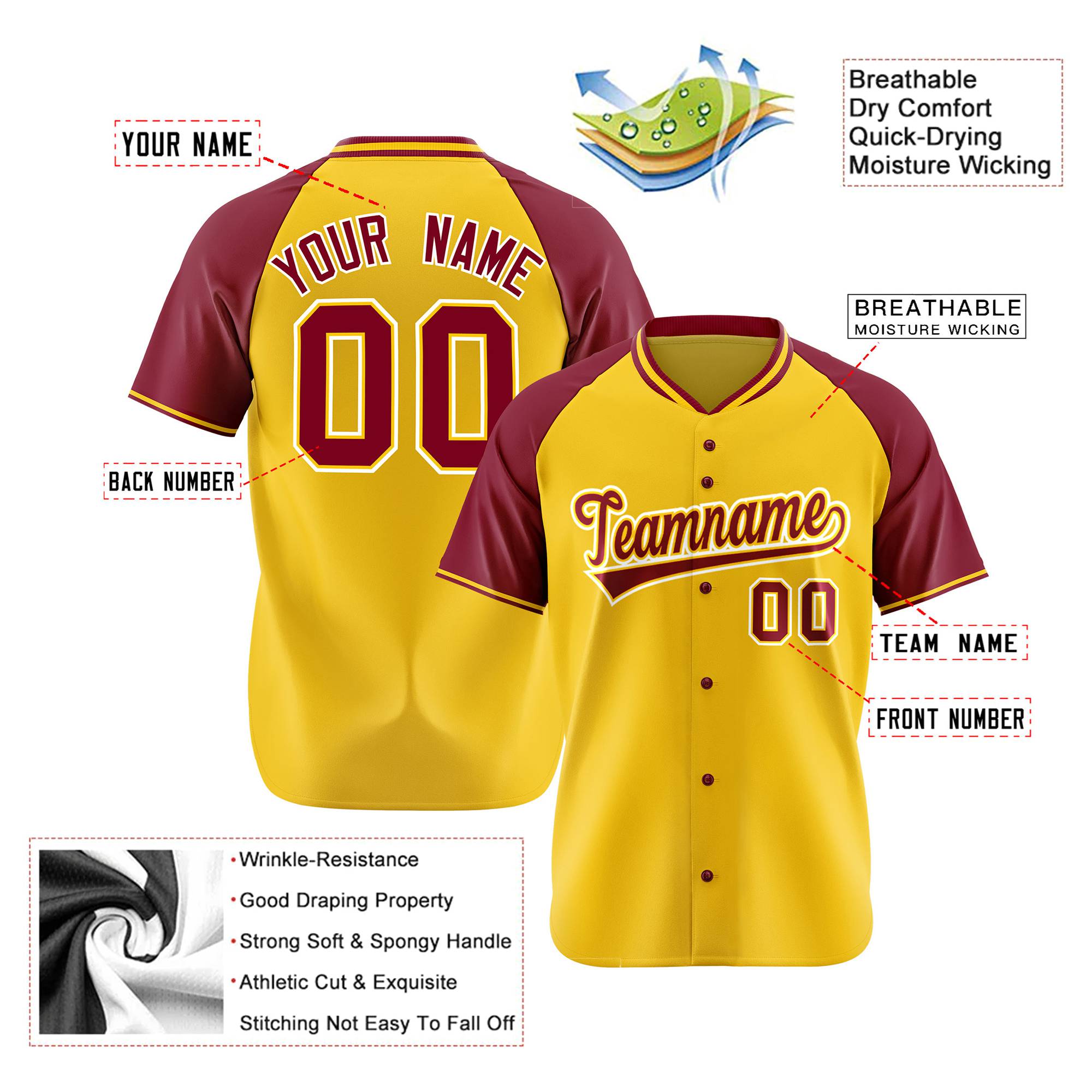 Custom Yellow Burgundy White Authentic Colored Buttons Baseball Jersey