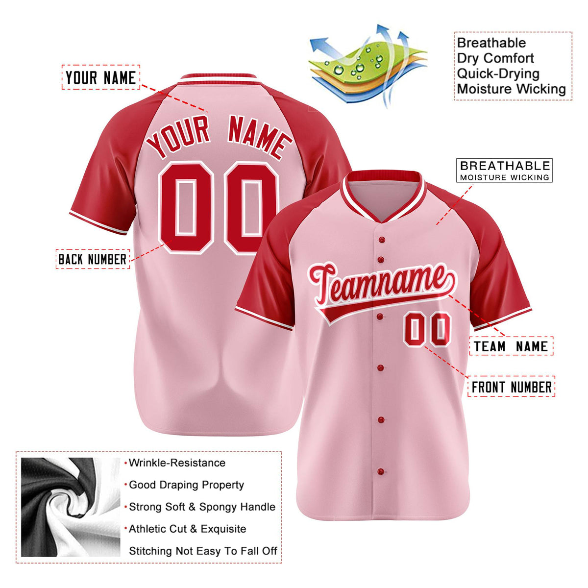 Custom Pink Red White Authentic Colored Buttons Baseball Jersey
