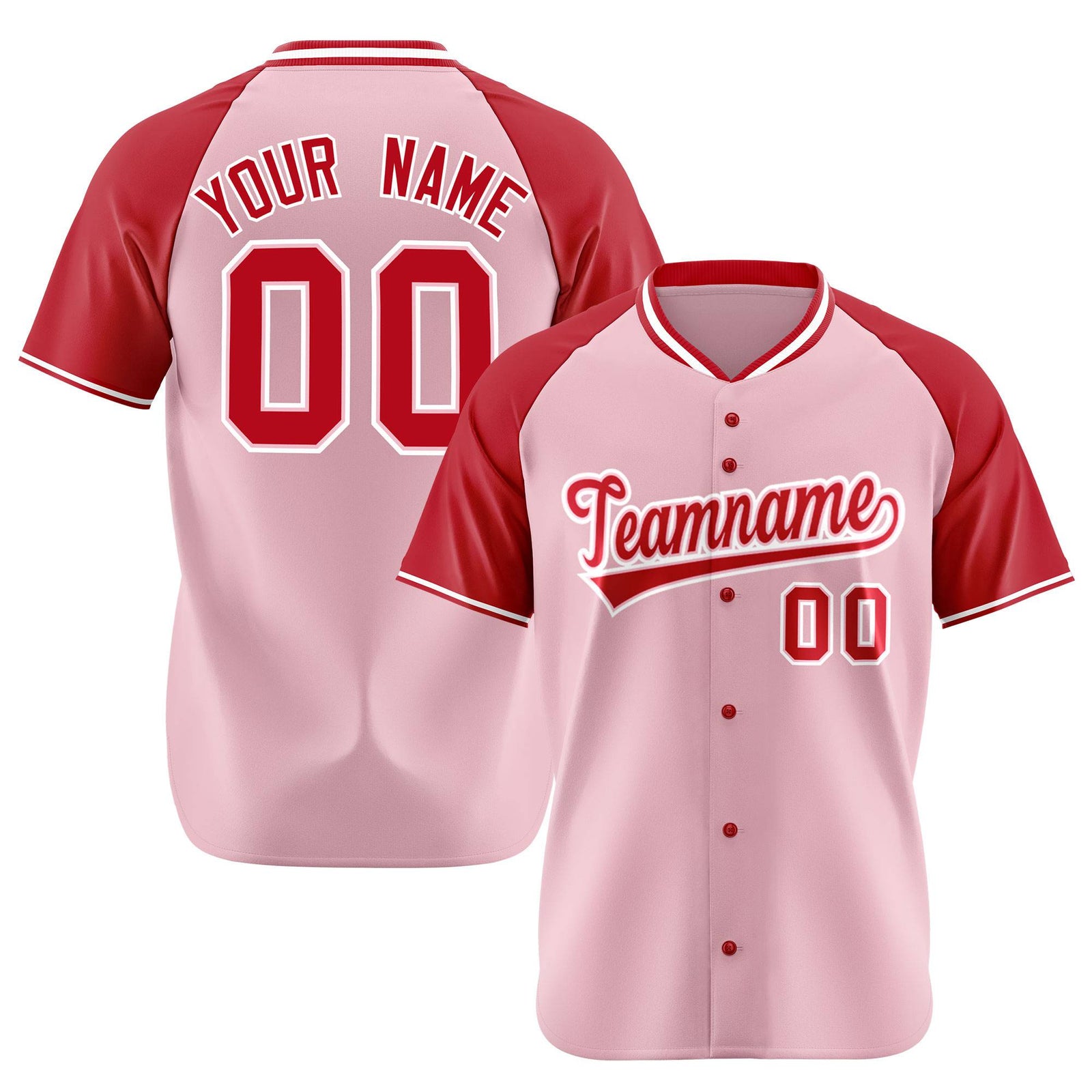 Custom Pink Red White Authentic Colored Buttons Baseball Jersey