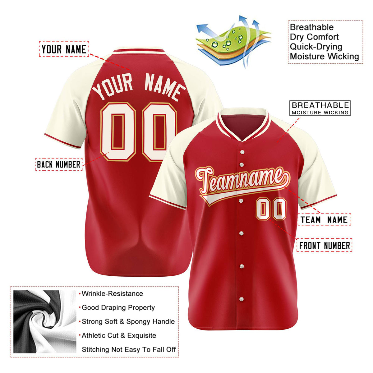 Custom Red Cream Authentic Colored Buttons Baseball Jersey