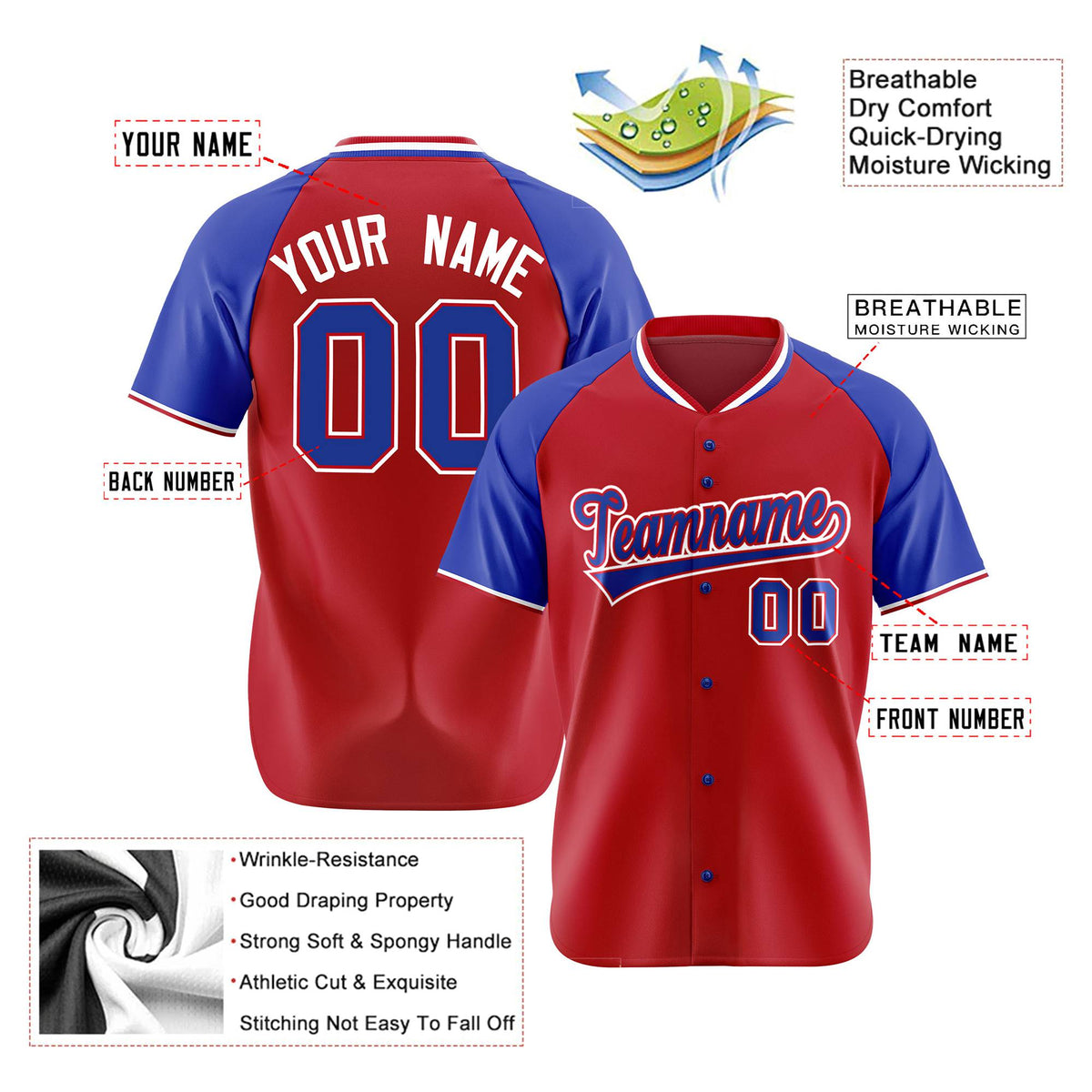 Custom Red Blue White Authentic Colored Buttons Baseball Jersey
