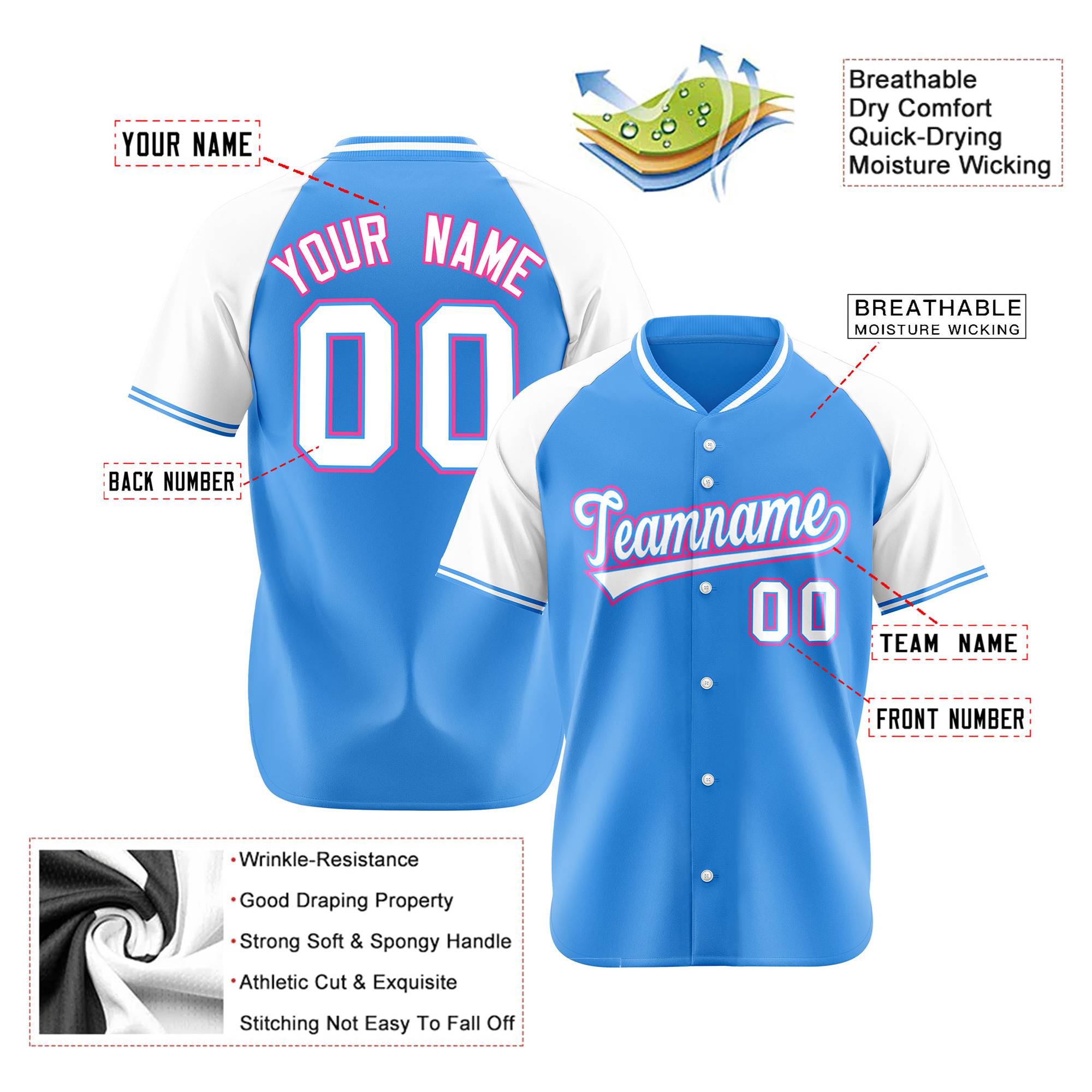 Custom Blue White Pink Authentic Colored Buttons Baseball Jersey