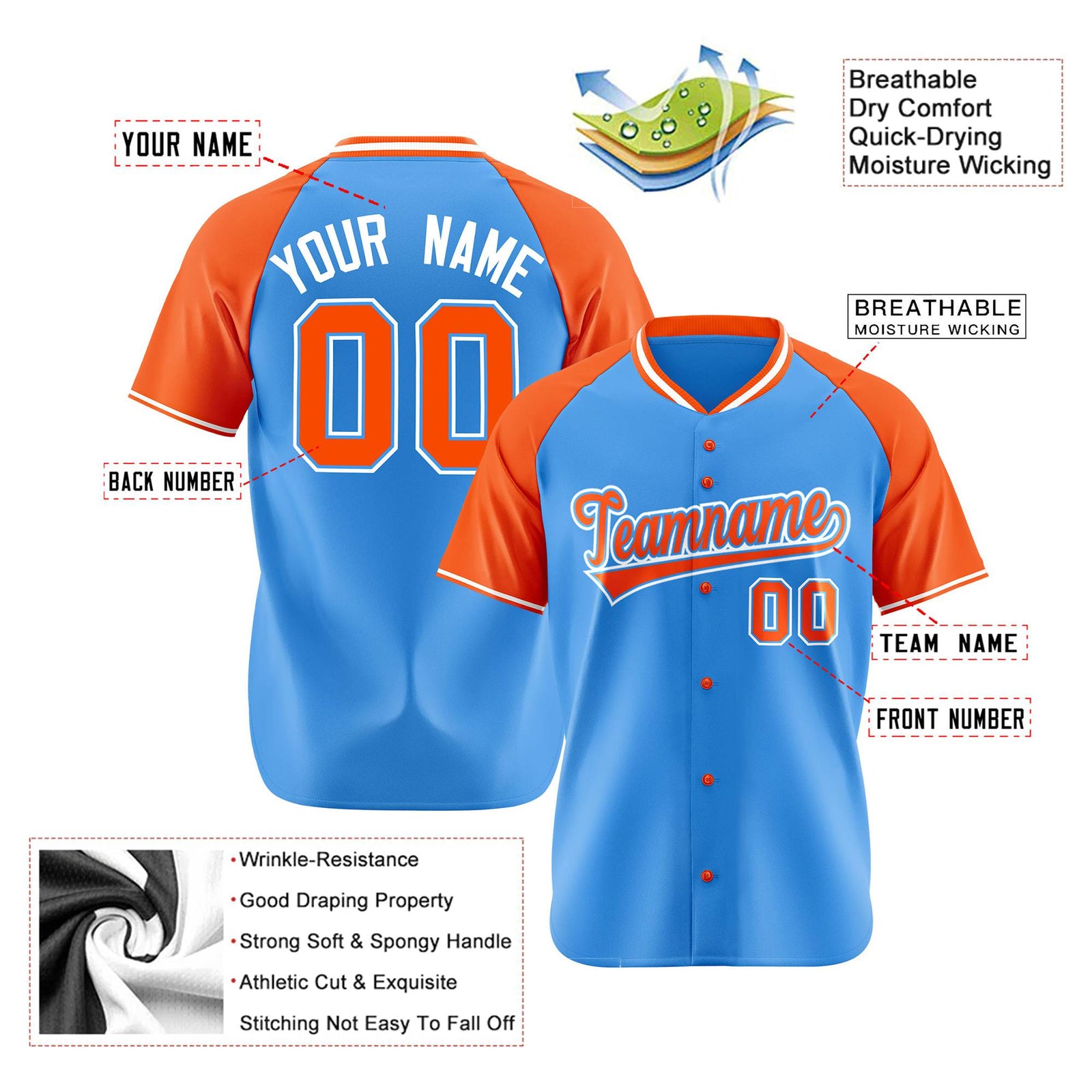 Custom Blue Orange White Authentic Colored Buttons Baseball Jersey