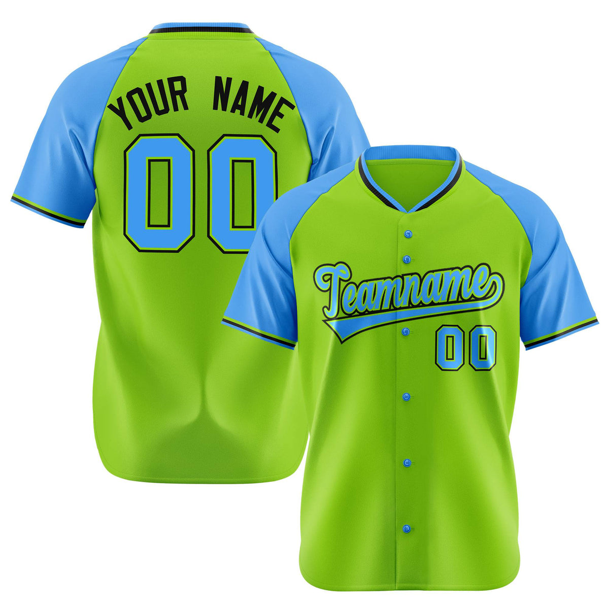 Custom Neon Green Blue Black Authentic Colored Buttons Baseball Jersey