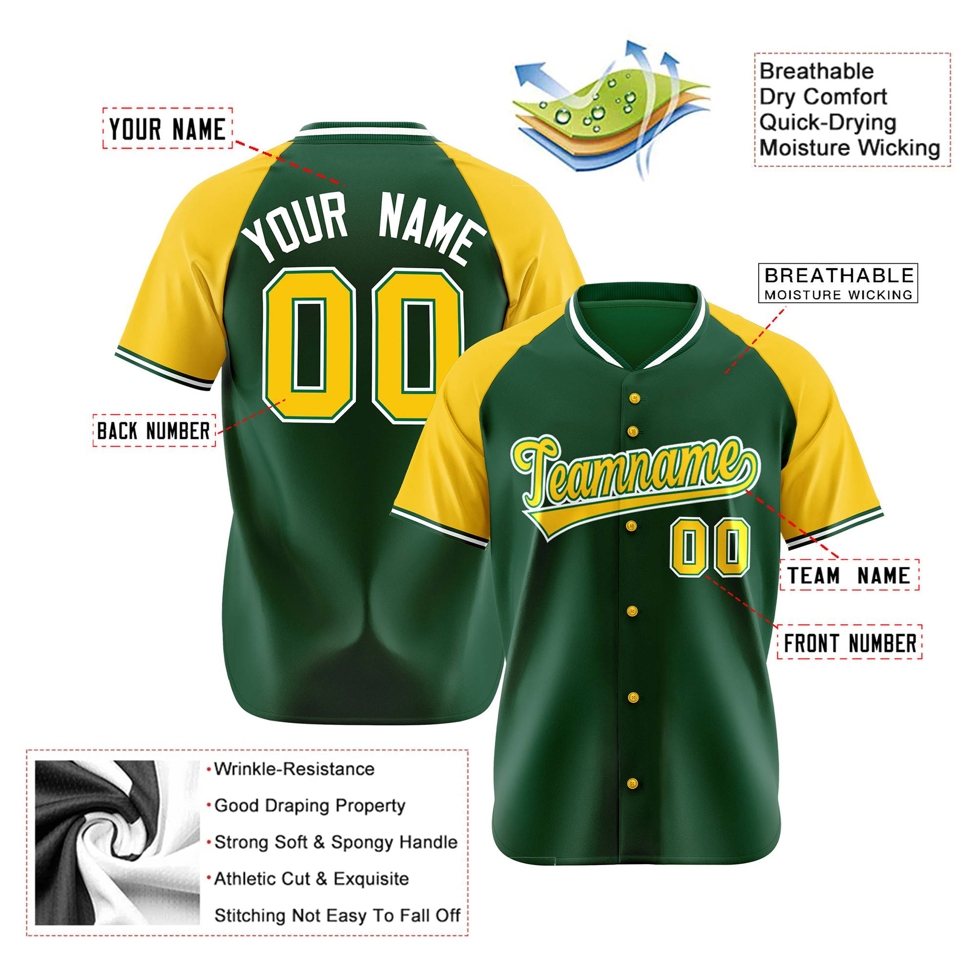 Custom Kelly Green Yellow White Authentic Colored Buttons Baseball Jersey