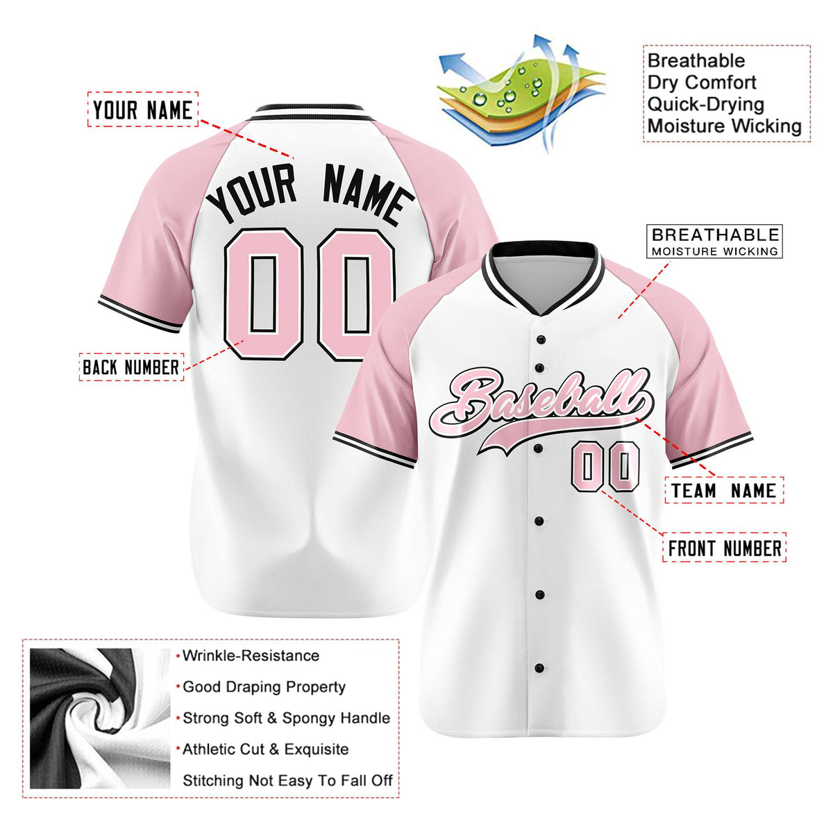 Custom White Pink Black Authentic Colored Buttons Baseball Jersey