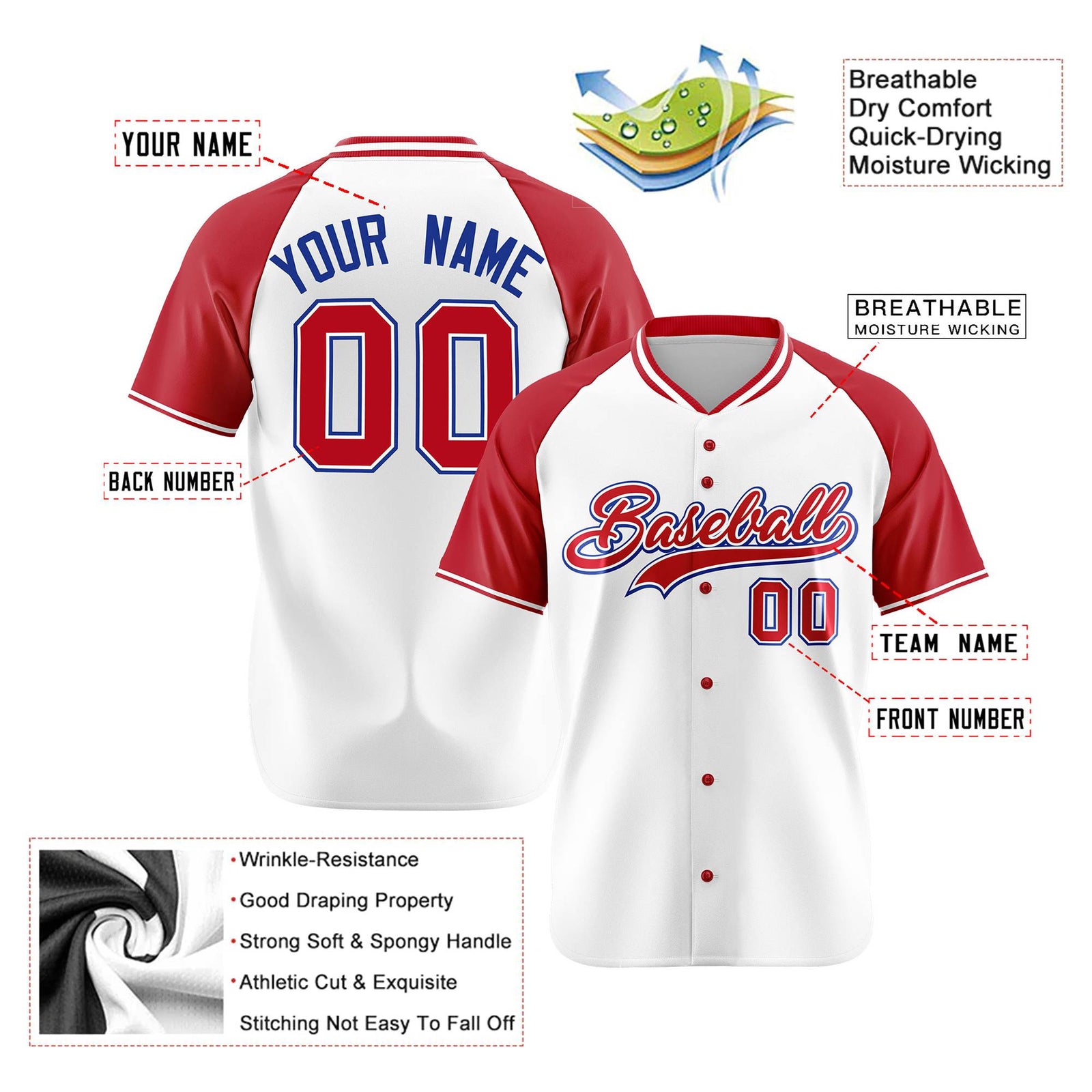 Custom White Red Blue Authentic Colored Buttons Baseball Jersey
