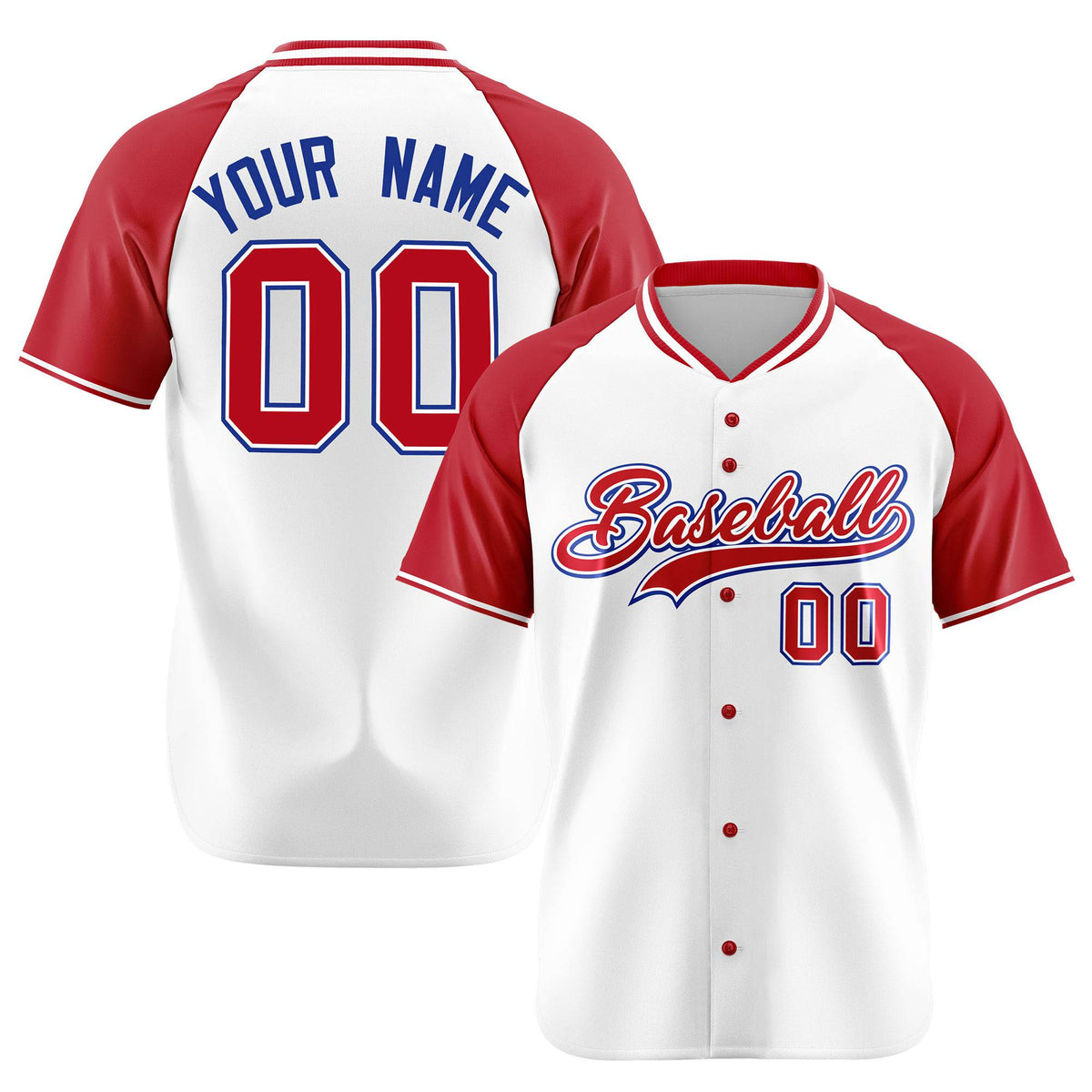Custom White Red Blue Authentic Colored Buttons Baseball Jersey