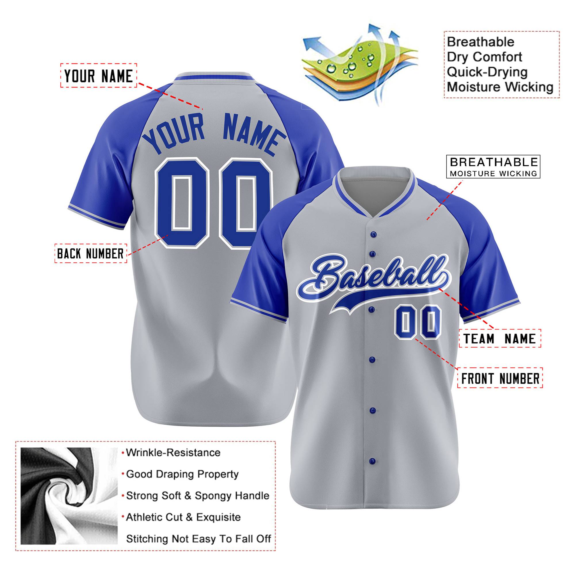 Custom Gray Blue White Authentic Colored Buttons Baseball Jersey