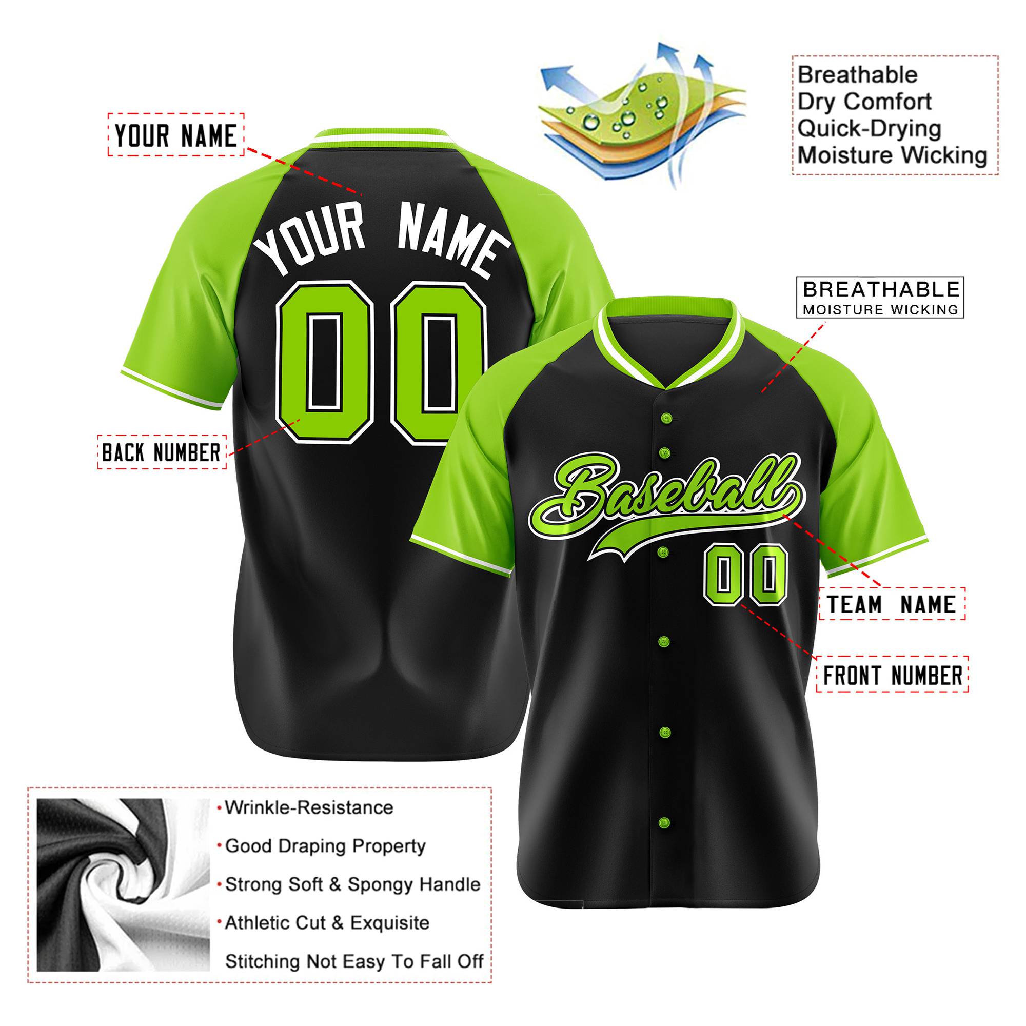 Custom Black Neon Green White Authentic Colored Buttons Baseball Jersey