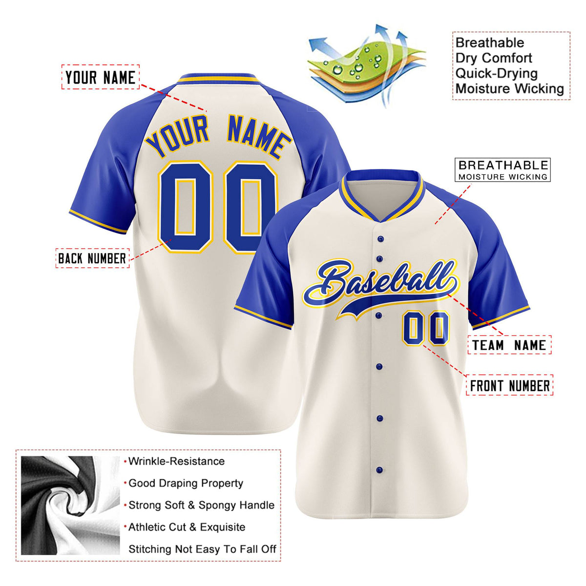 Custom Cream Blue Gold Authentic Colored Buttons Baseball Jersey