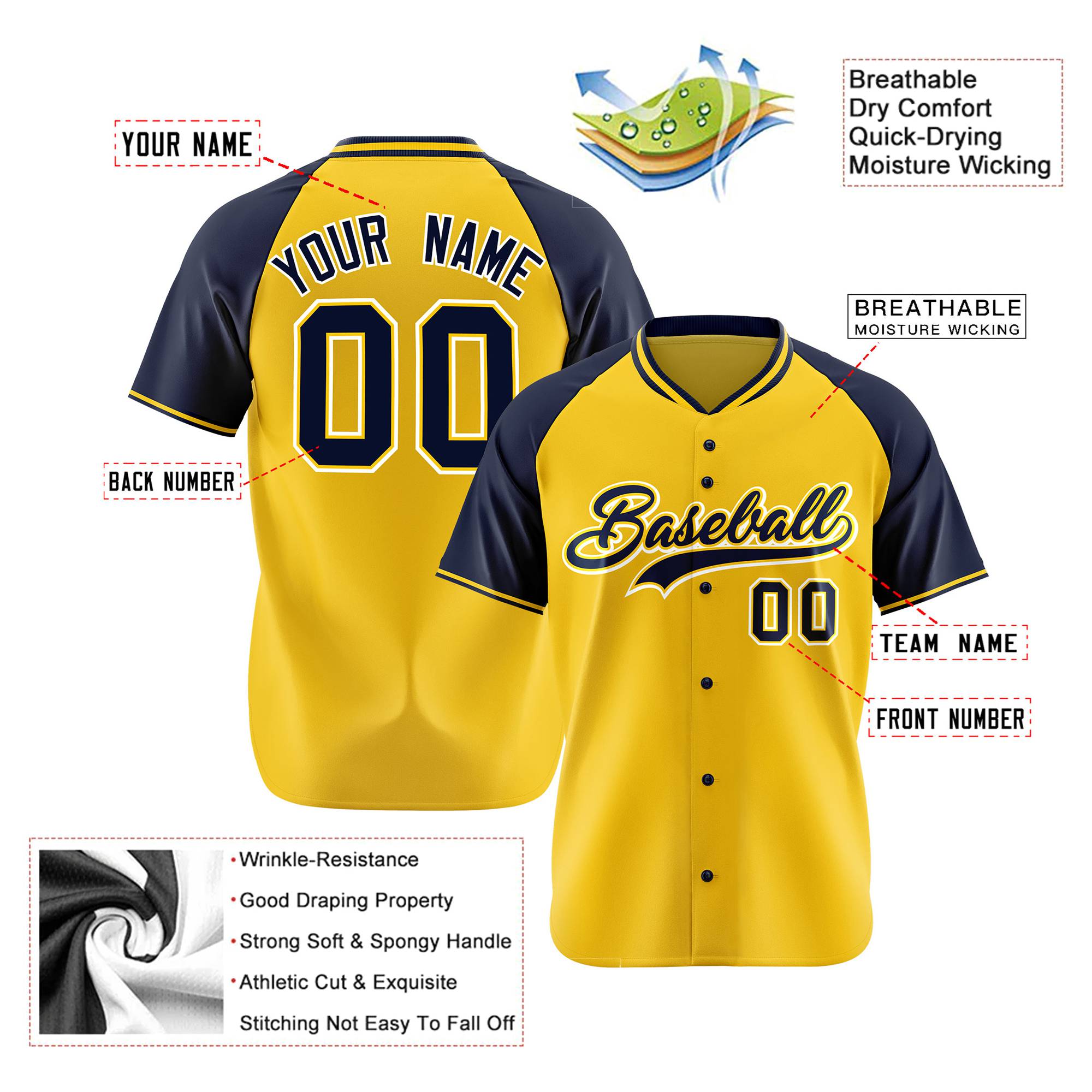 Custom Yellow Navy White Authentic Colored Buttons Baseball Jersey