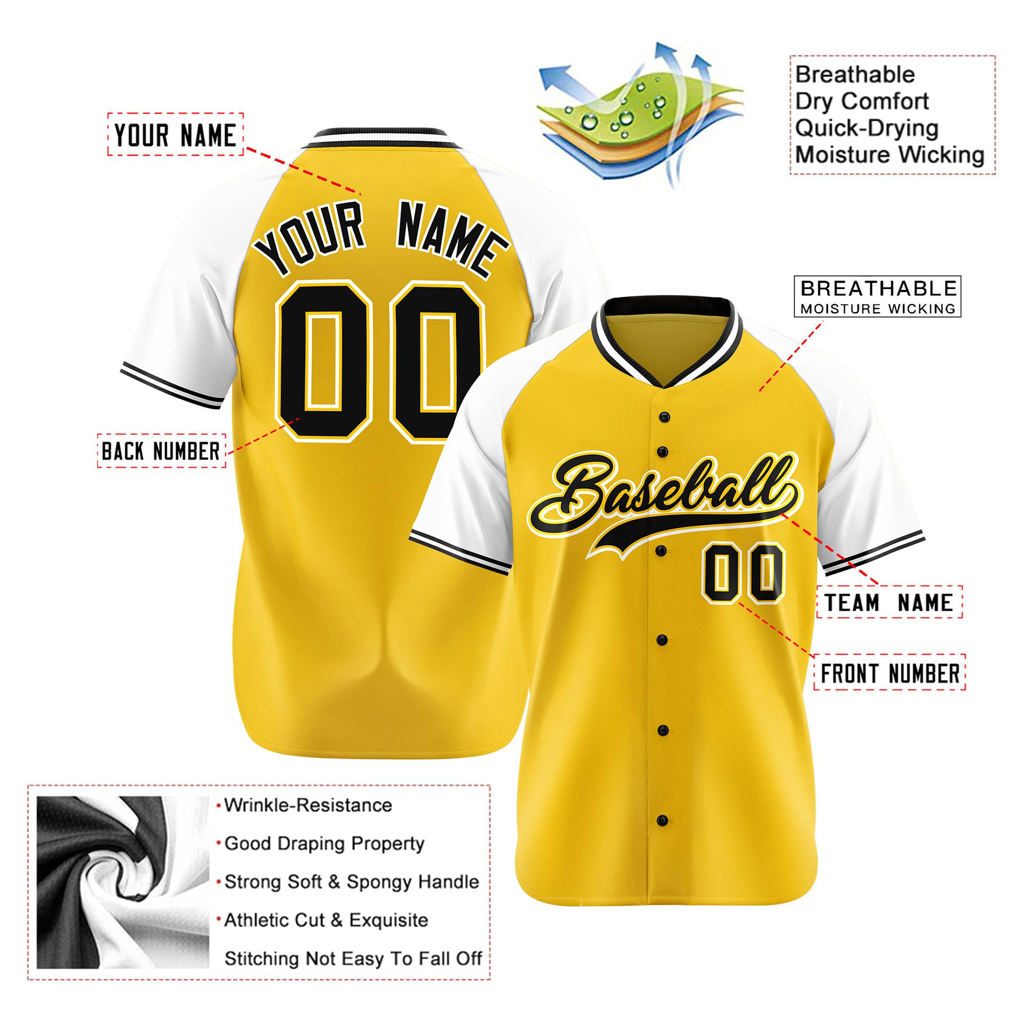 Custom Yellow White Black Authentic Colored Buttons Baseball Jersey