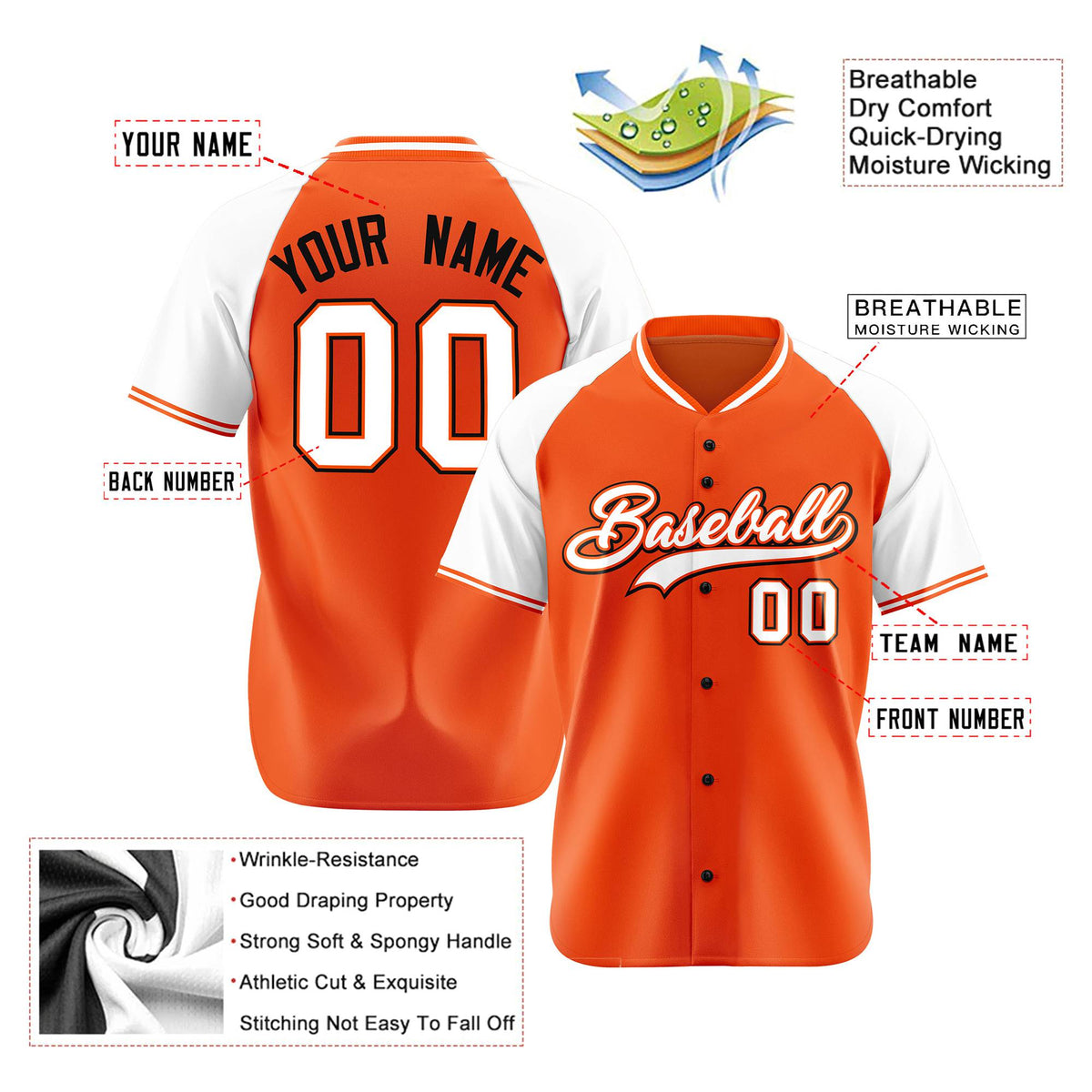Custom Orange White Black Authentic Colored Buttons Baseball Jersey