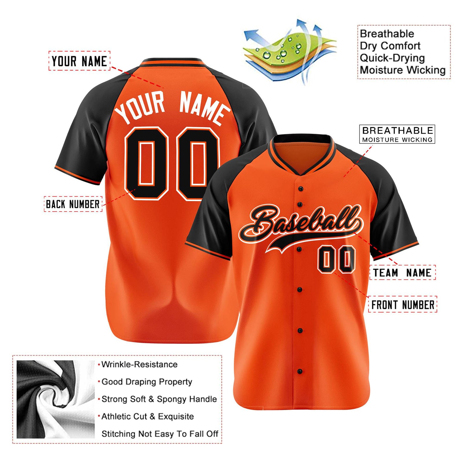 Custom Orange Black White Authentic Colored Buttons Baseball Jersey