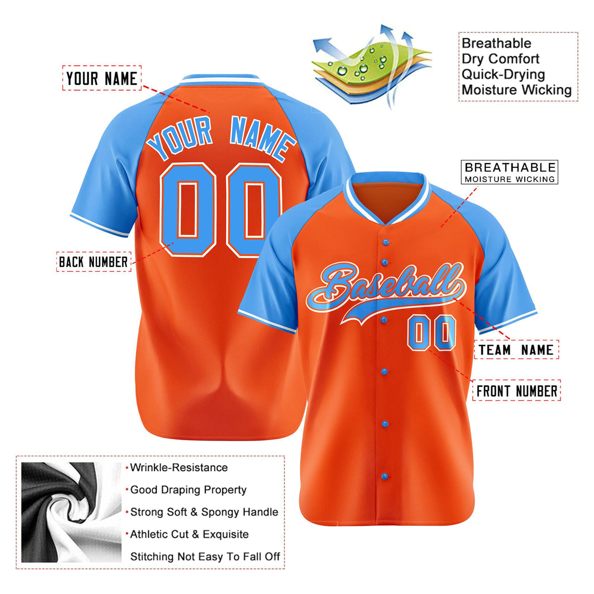 Custom Orange Blue White Authentic Colored Buttons Baseball Jersey