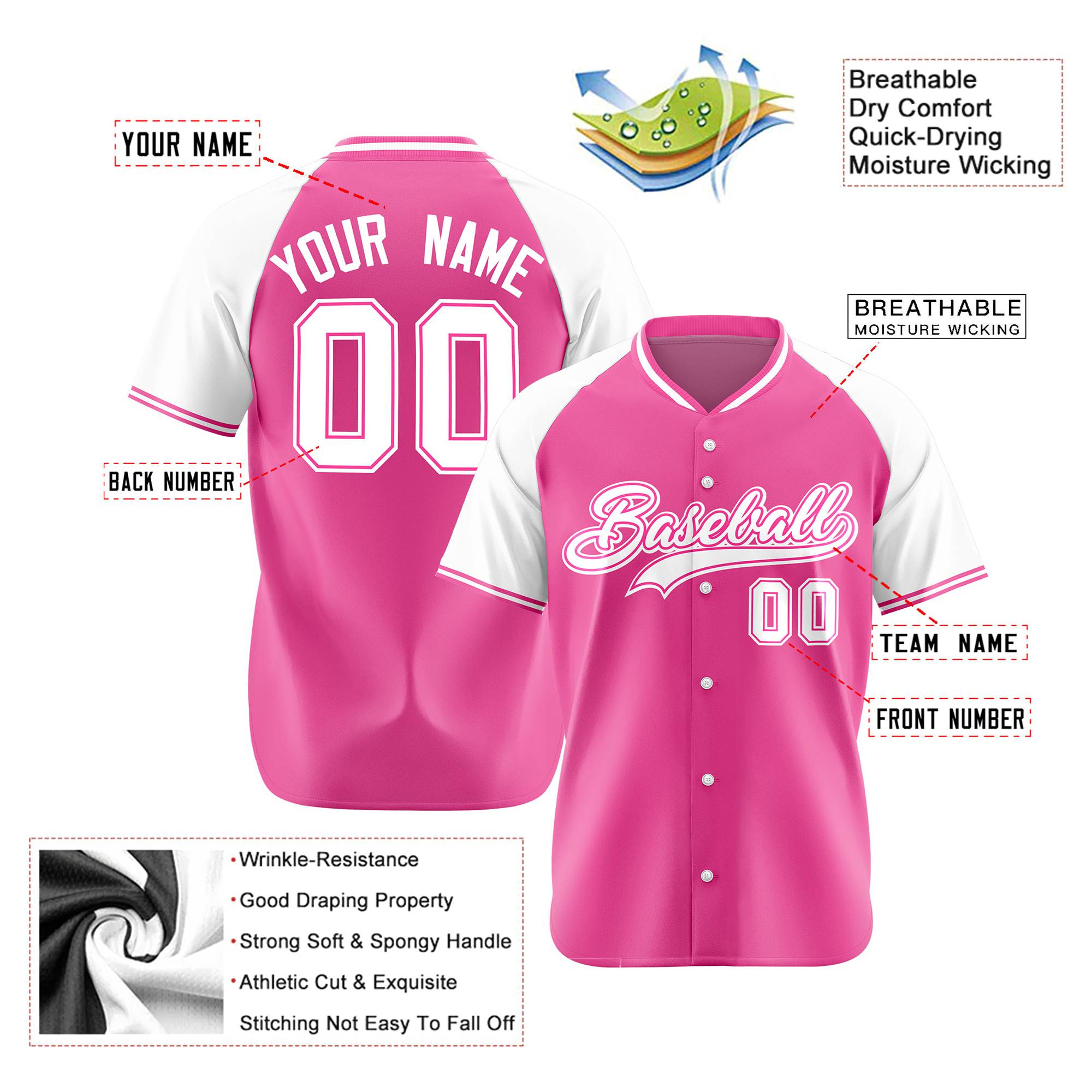 Custom Pink White Authentic Colored Buttons Baseball Jersey