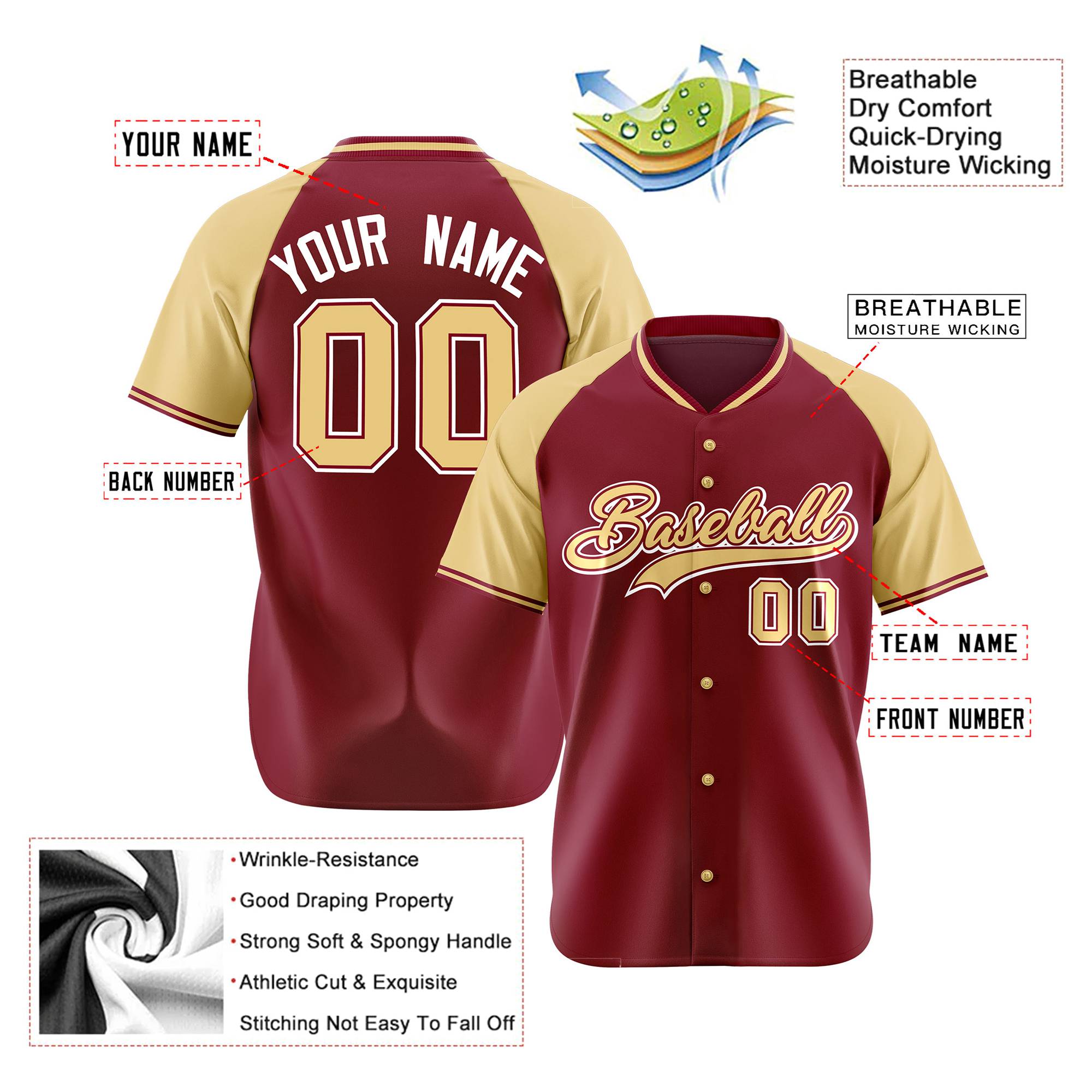 Custom Crimson Old Gold White Authentic Colored Buttons Baseball Jersey