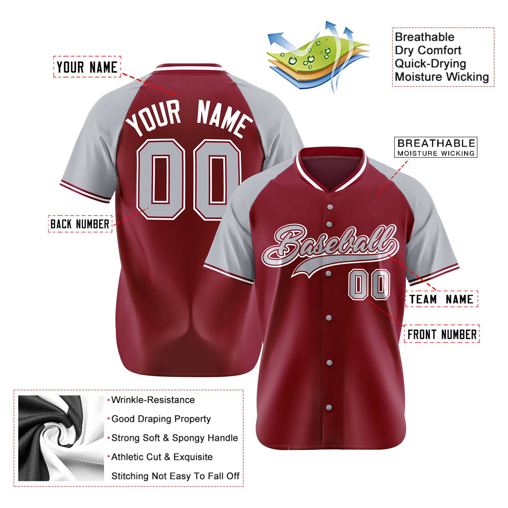 Custom Crimson Gray White Authentic Colored Buttons Baseball Jersey