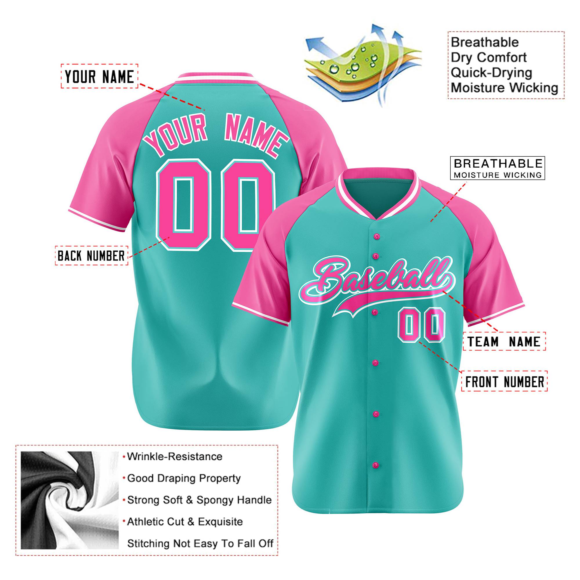 Custom Aqua Pink White Authentic Colored Buttons Baseball Jersey