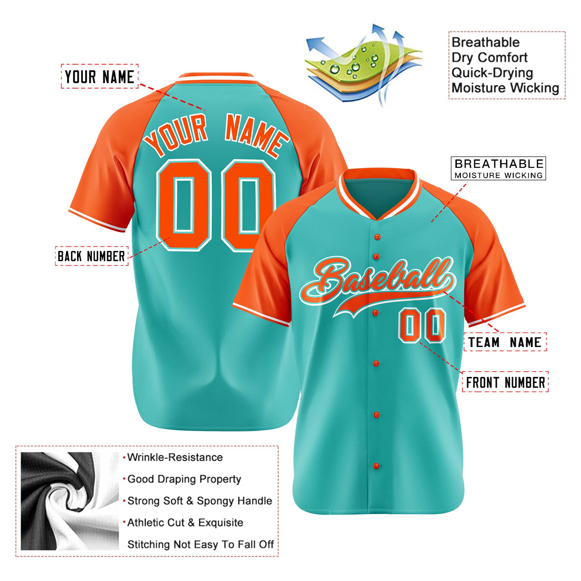 Custom Aqua Orange White Authentic Colored Buttons Baseball Jersey