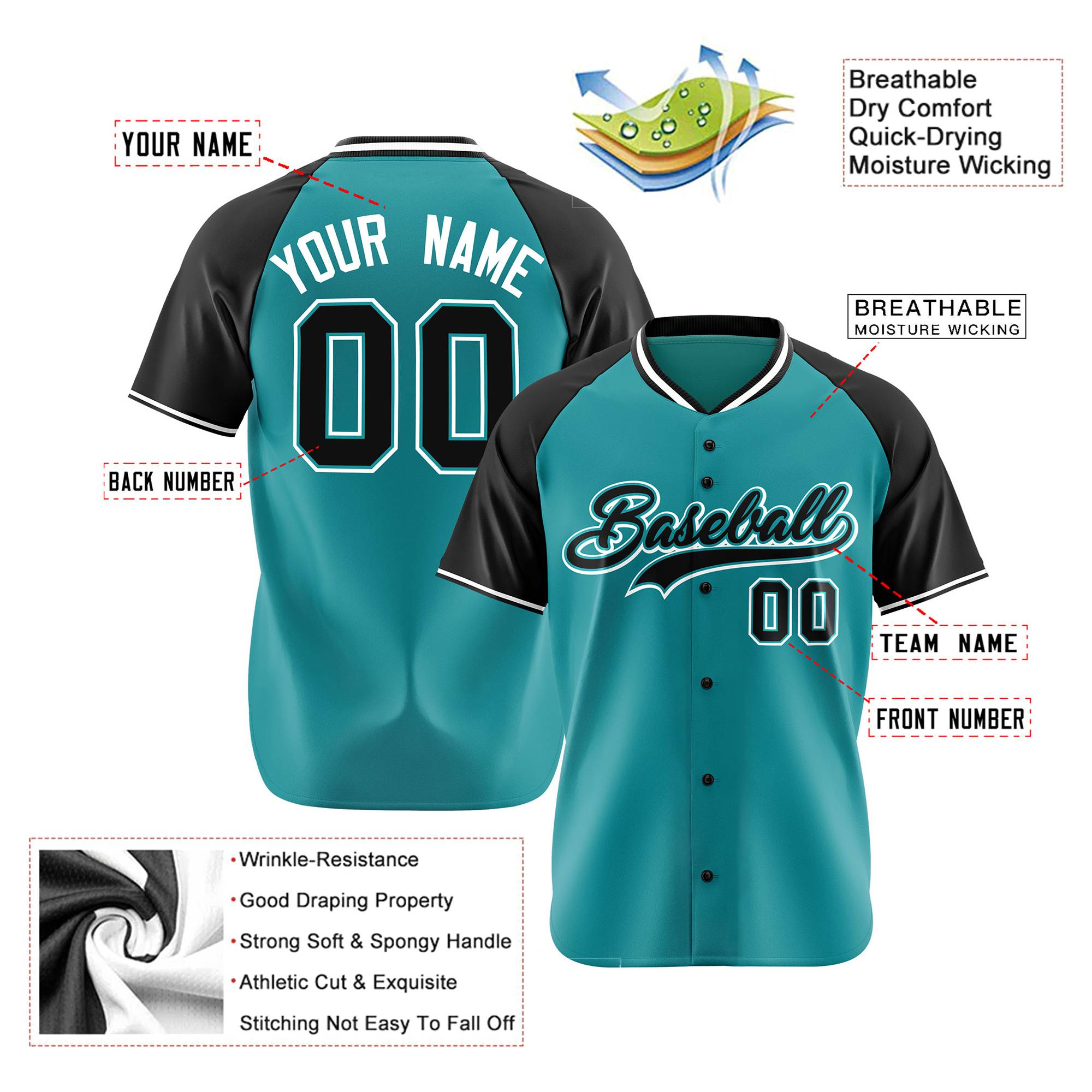 Custom Aqua Black White Authentic Colored Buttons Baseball Jersey