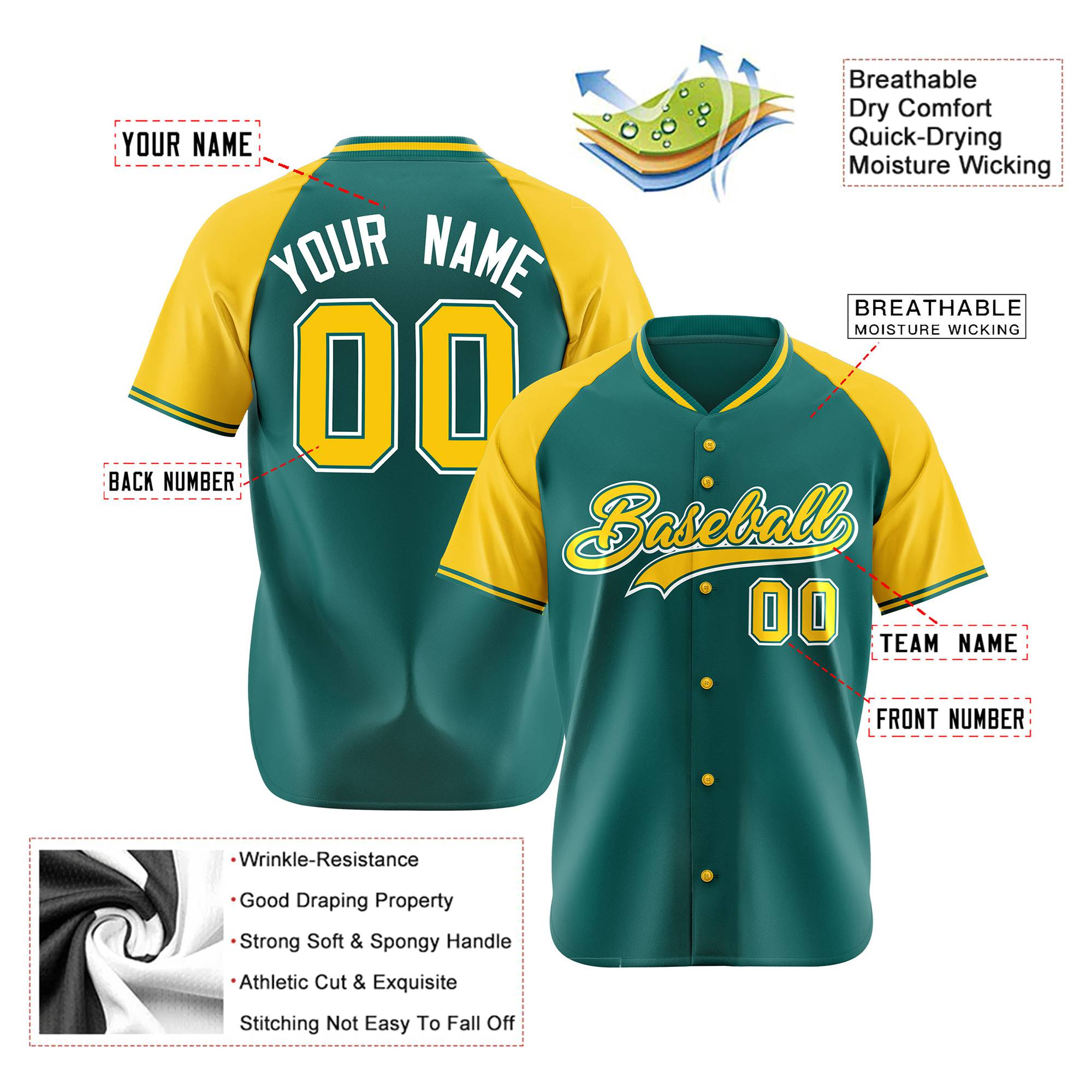 Custom Kelly Green Yellow White Authentic Colored Buttons Baseball Jersey