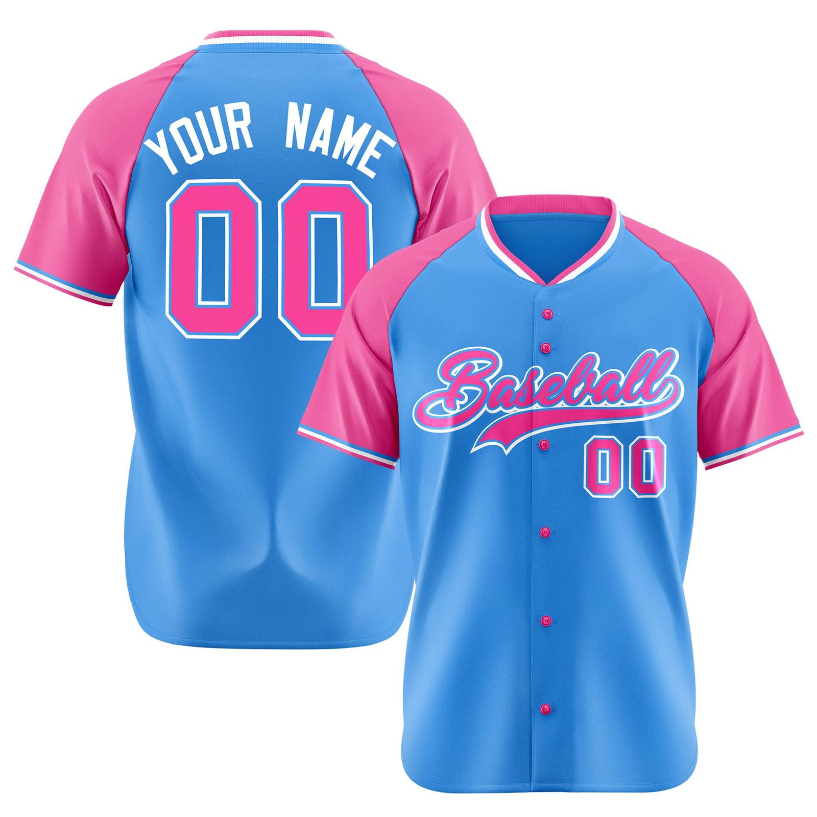 Custom Blue Pink White Authentic Colored Buttons Baseball Jersey