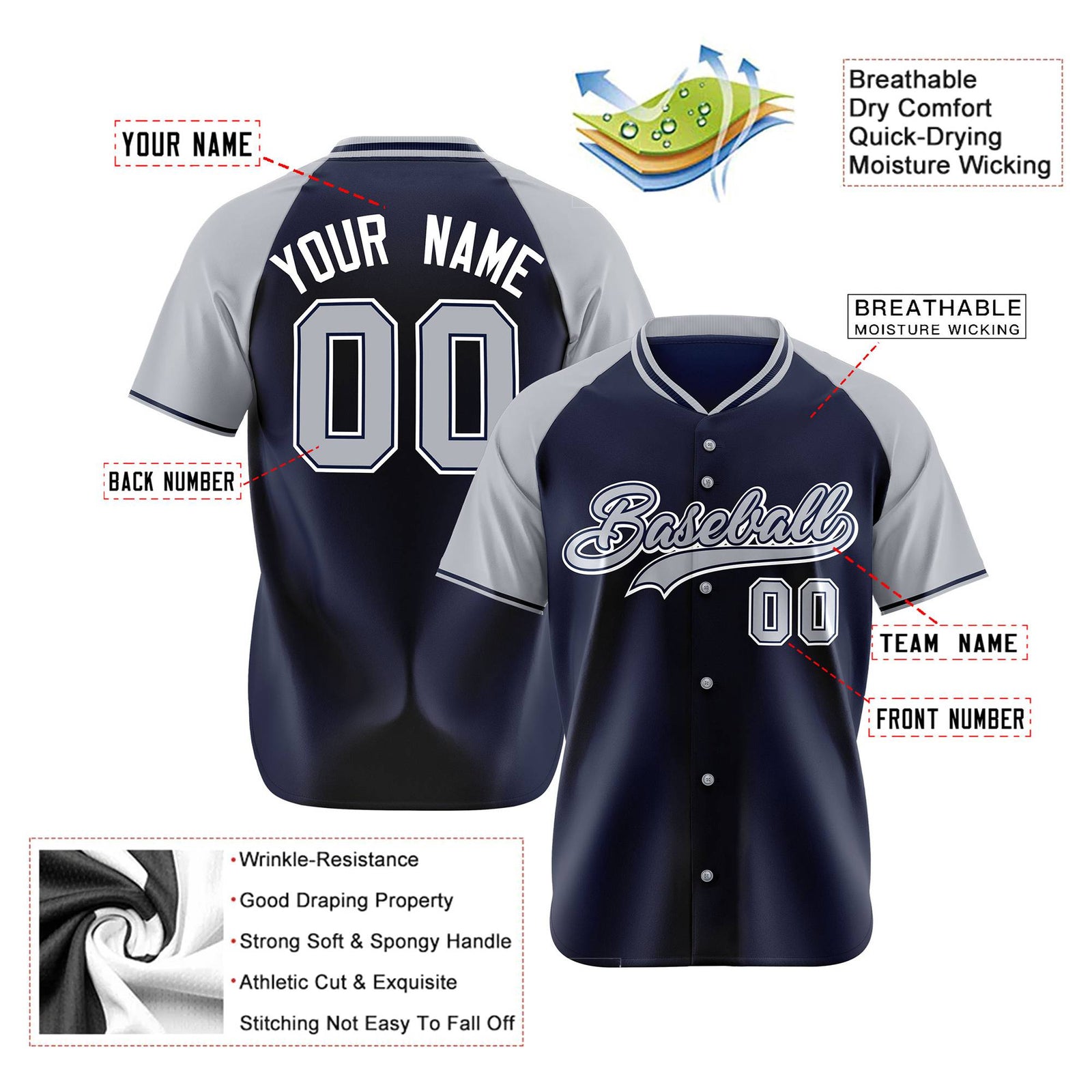 Custom Navy Gray White Authentic Colored Buttons Baseball Jersey