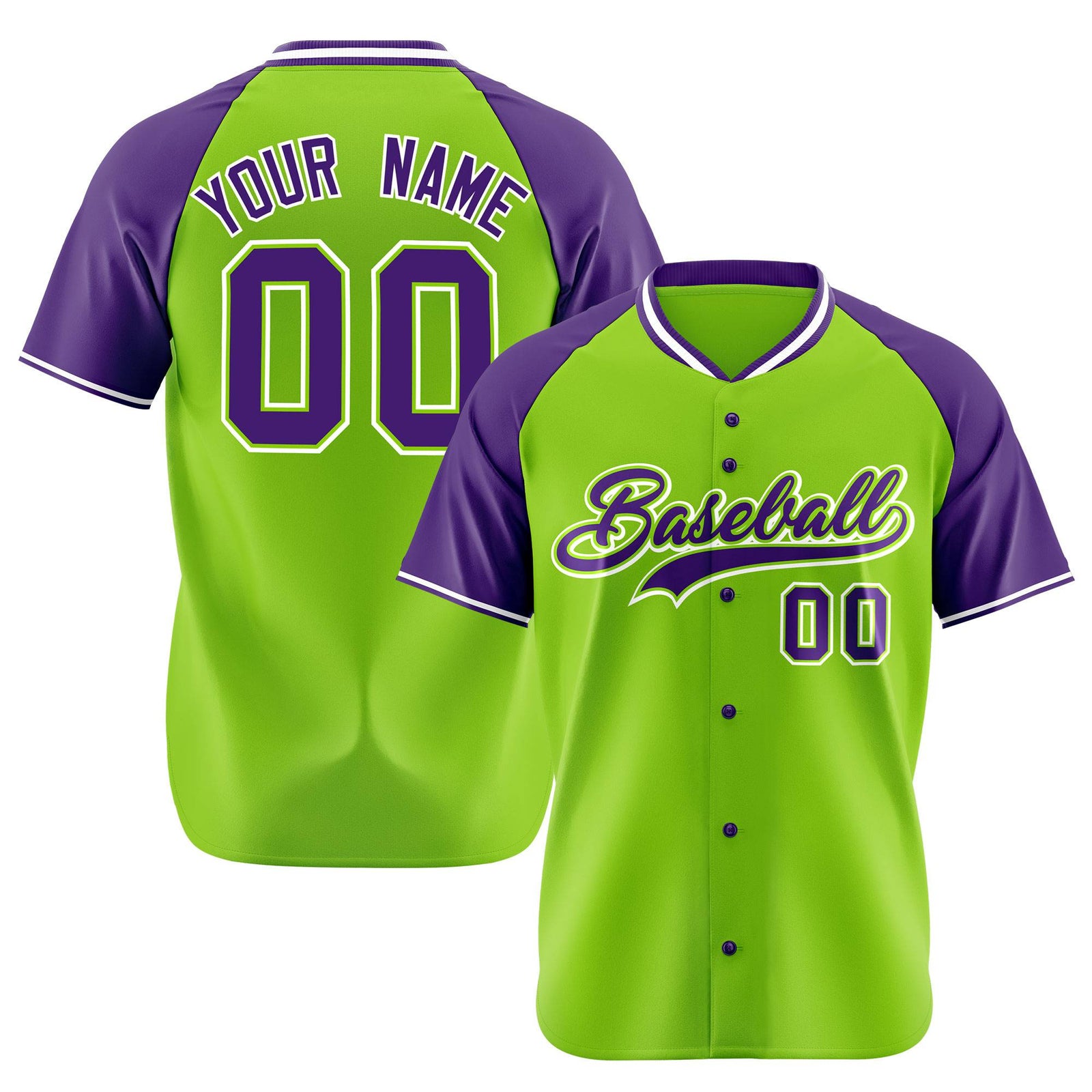 Custom Neon Green Purple White Authentic Colored Buttons Baseball Jersey