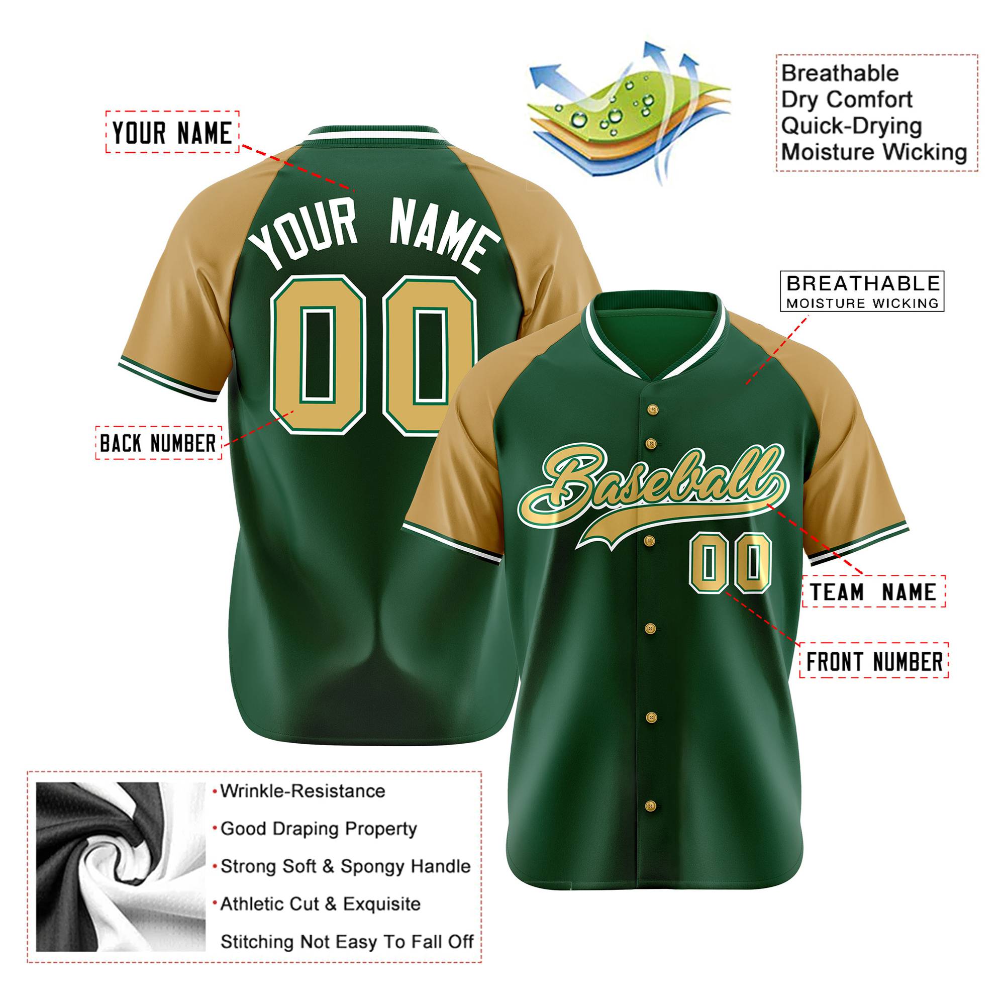 Custom Kelly Green Brown White Authentic Colored Buttons Baseball Jersey