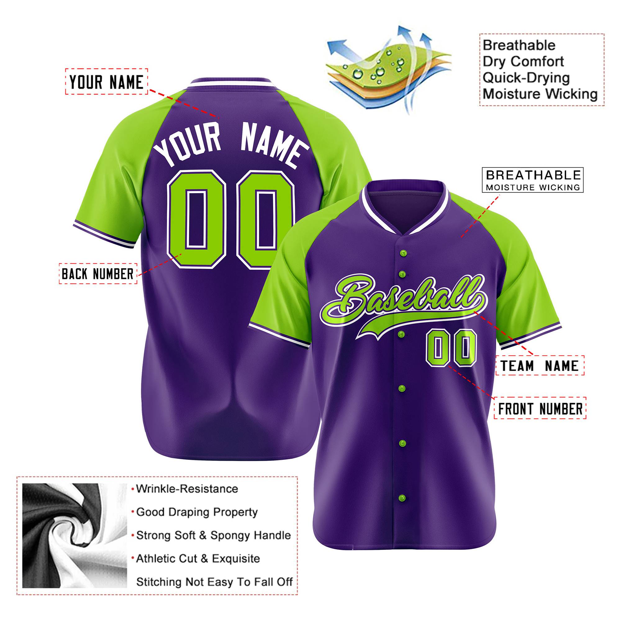 Custom Purple Neon Green White Authentic Colored Buttons Baseball Jersey