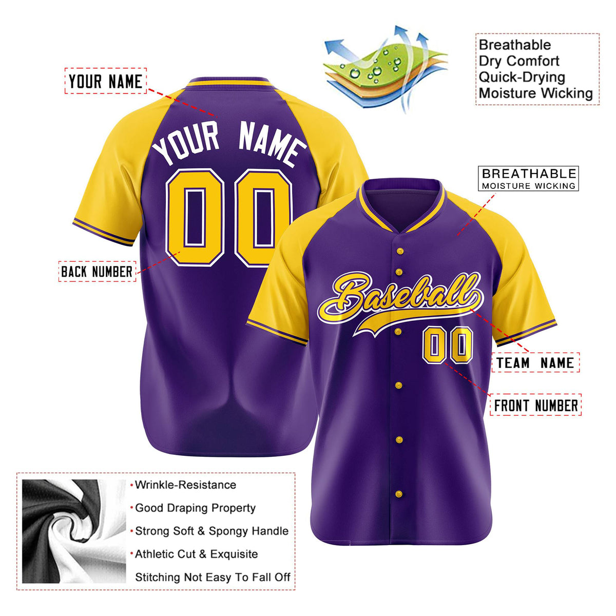 Custom Purple Yellow White Authentic Colored Buttons Baseball Jersey