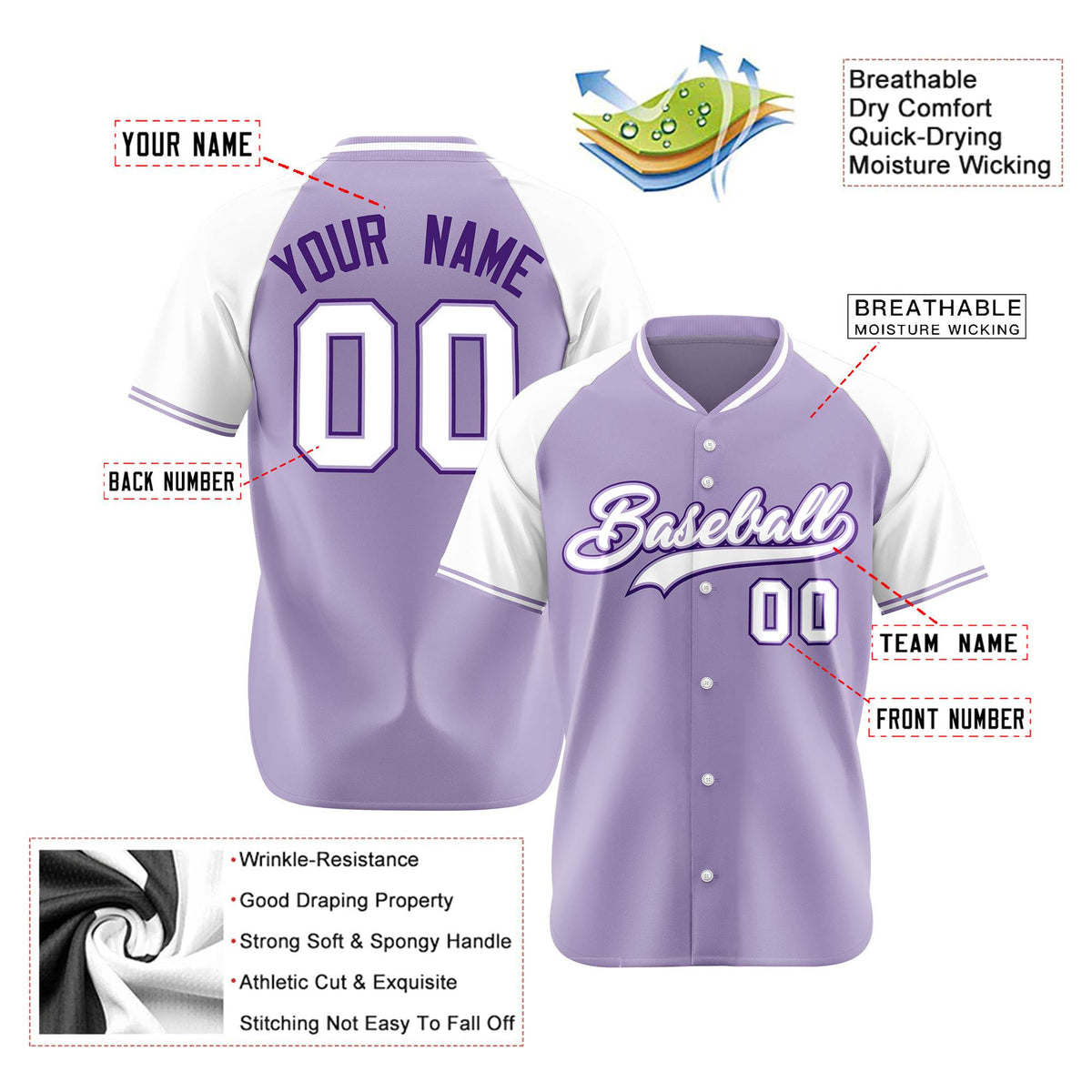 Custom Light Purple Purple White Authentic Colored Buttons Baseball Jersey