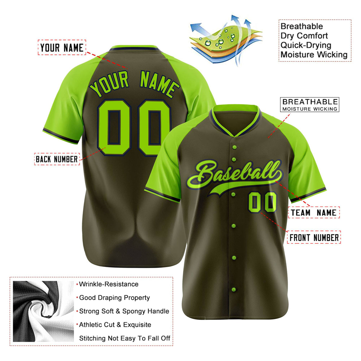 Custom Olive Neon Green Black Authentic Colored Buttons Baseball Jersey