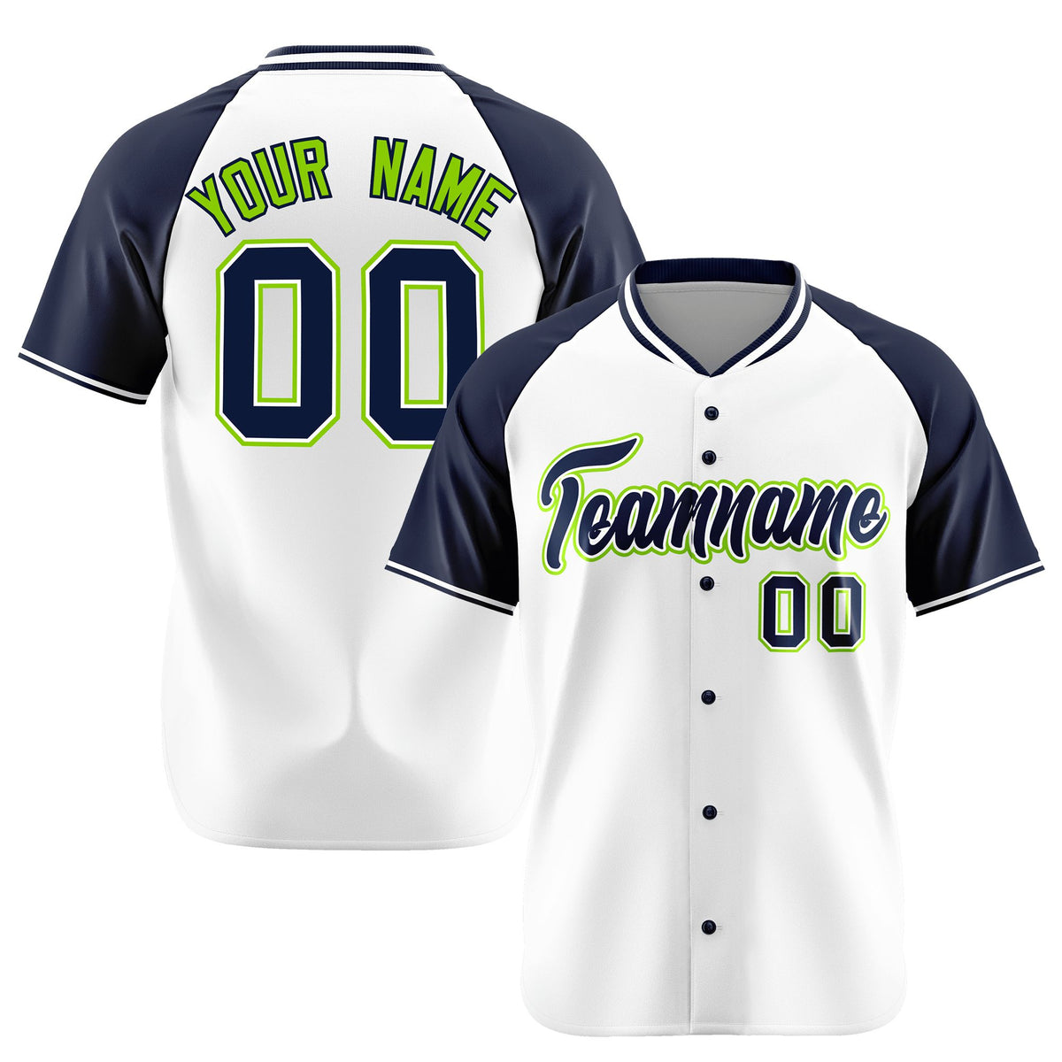 Custom White Navy Neon Green Authentic Colored Buttons Baseball Jersey