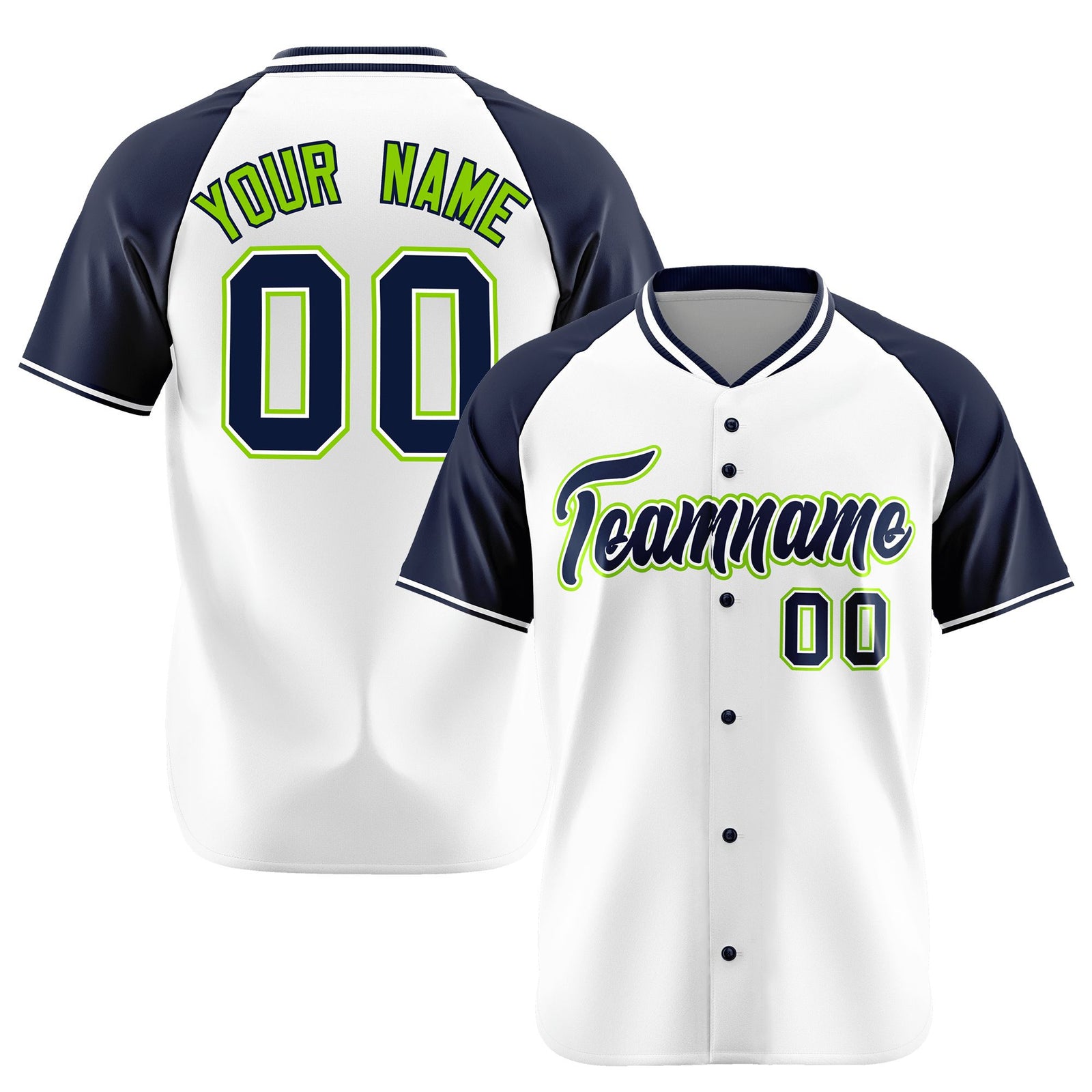 Custom White Navy Neon Green Authentic Colored Buttons Baseball Jersey