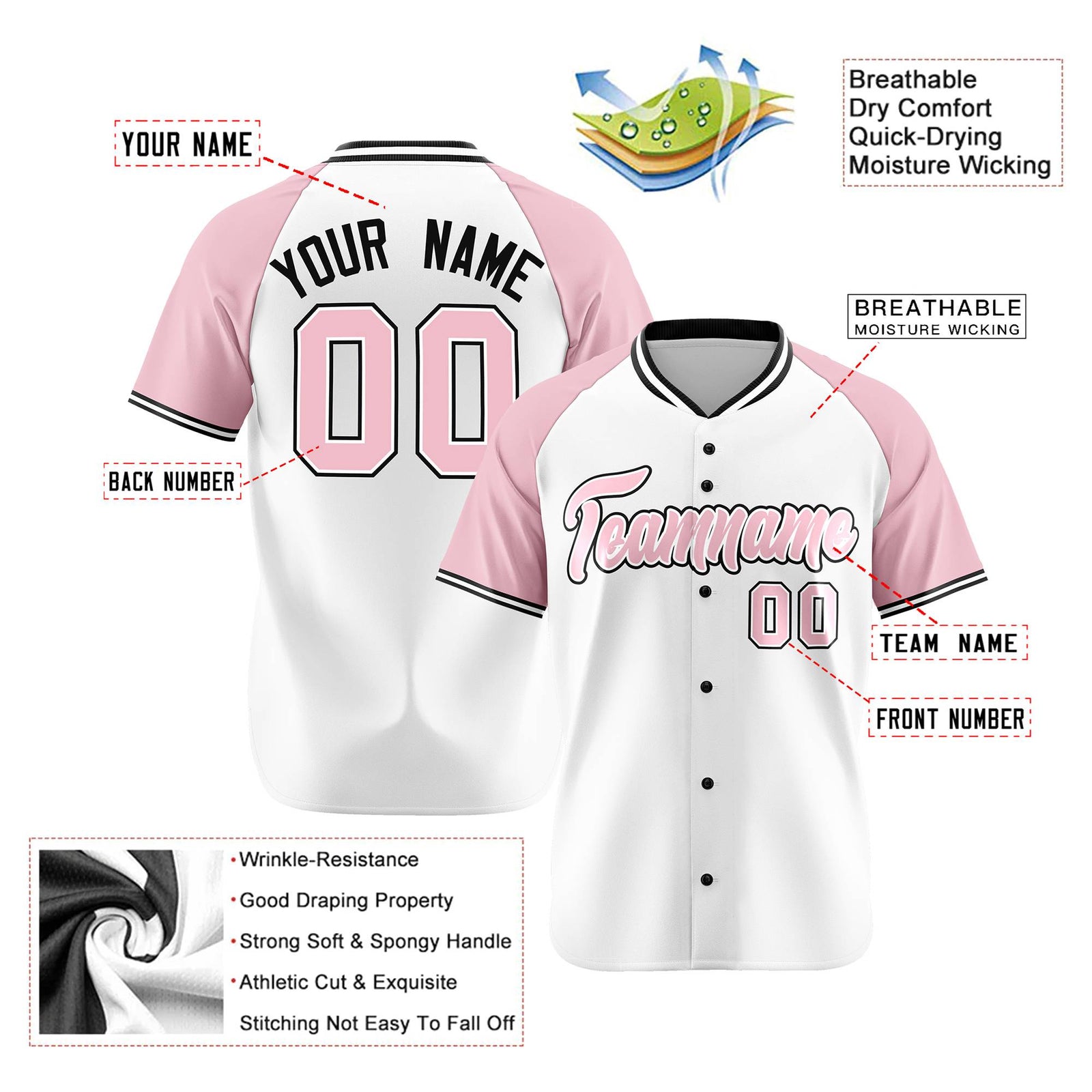 Custom White Pink Black Authentic Colored Buttons Baseball Jersey